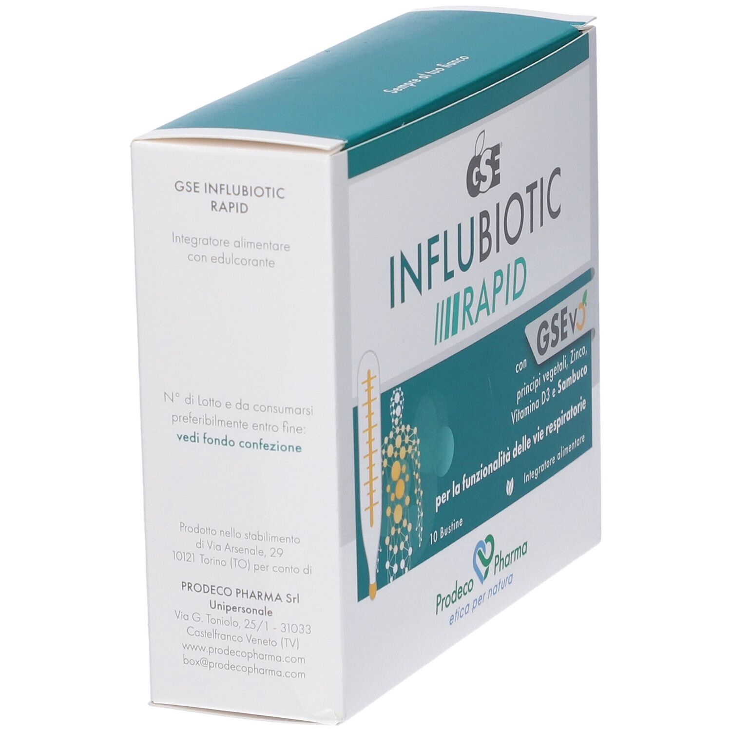 Confezione del prodotto angolata. Stampa con nome del prodotto, logo e ingredienti. Contiene 10 bustine.