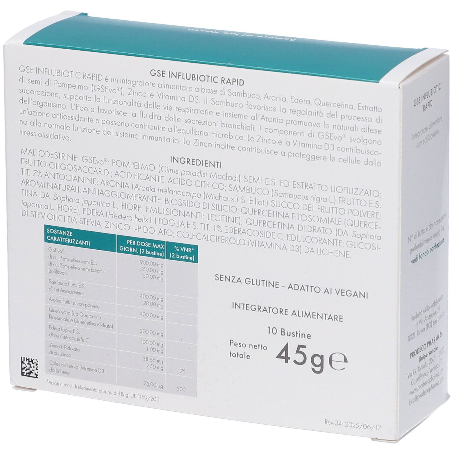 Retro della confezione del prodotto. Contiene informazioni sugli ingredienti, i valori nutrizionali e il produttore. Senza glutine, vegano.
