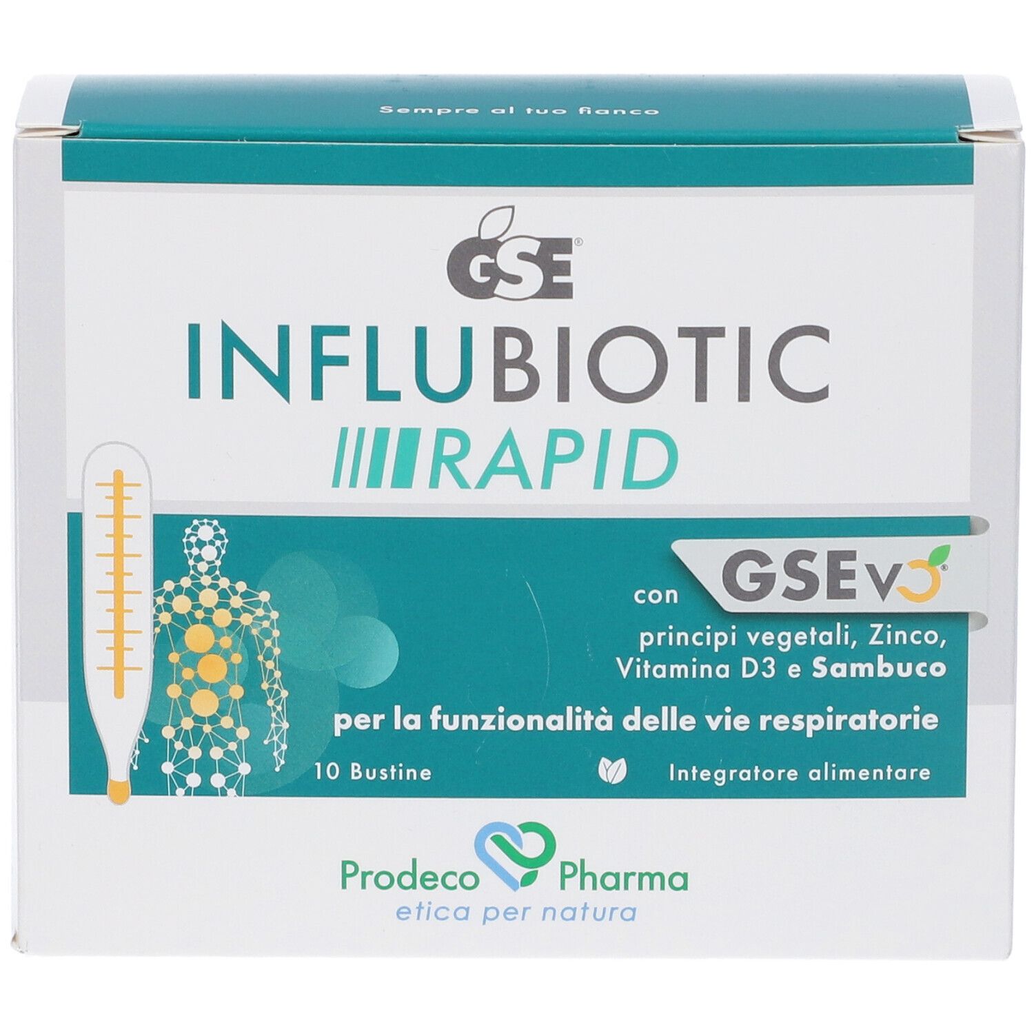 Confezione del prodotto con nome e logo. Contiene 10 bustine. Contiene principi vegetali, zinco, vitamina D3 e sambuco.