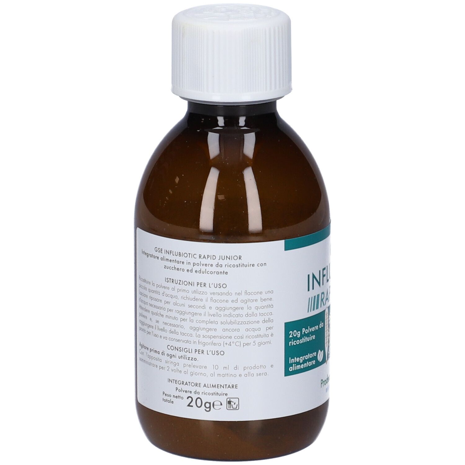 Retro di una bottiglia marrone con tappo bianco. Testo sull'etichetta. Prodotto: GSE Influbiotic Rapid Junior.