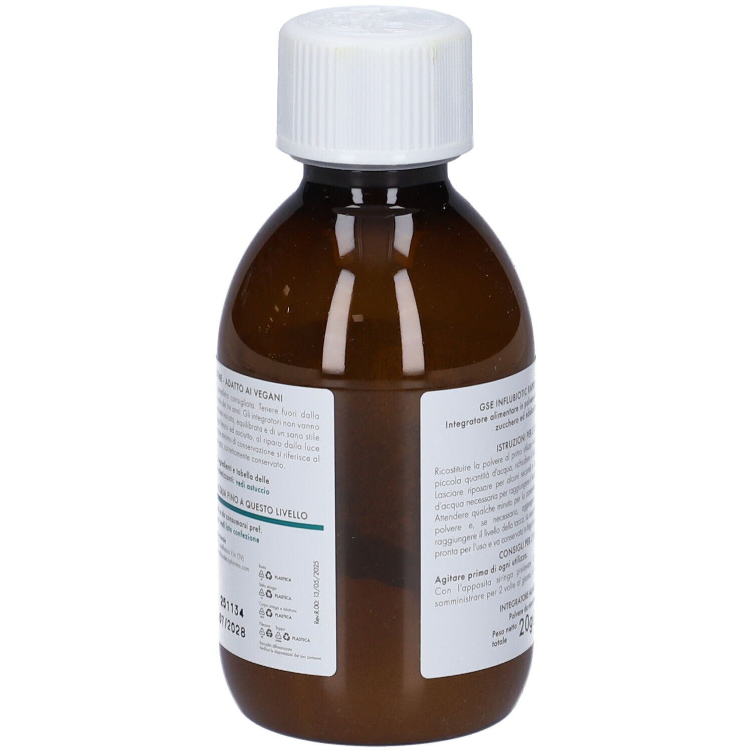 Retro di una bottiglia marrone con tappo bianco. Etichetta con testo. Prodotto: GSE Influbiotic Rapid Junior.