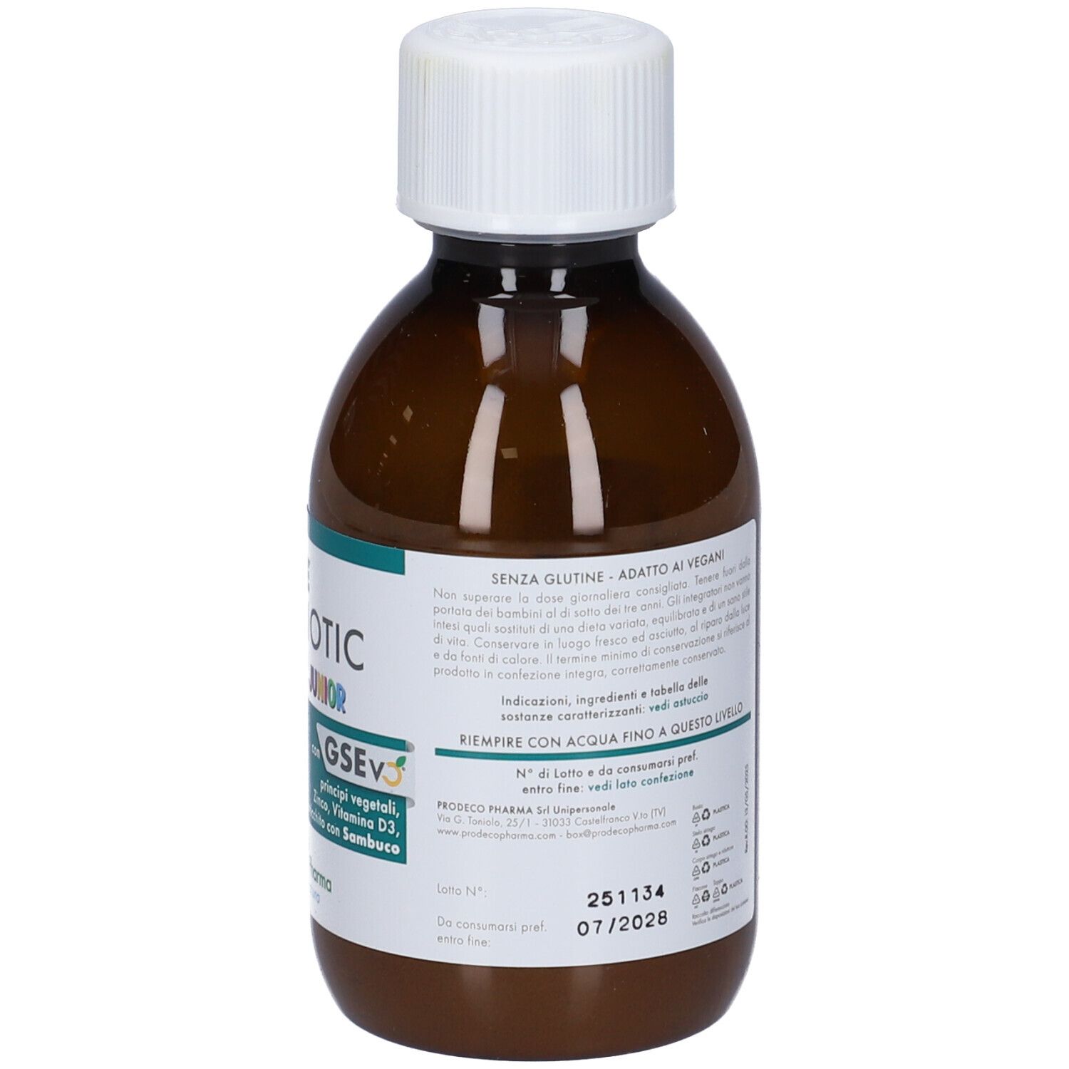 Retro di una bottiglia marrone con tappo bianco. Etichetta con testo. Prodotto: GSE Influbiotic Rapid Junior.