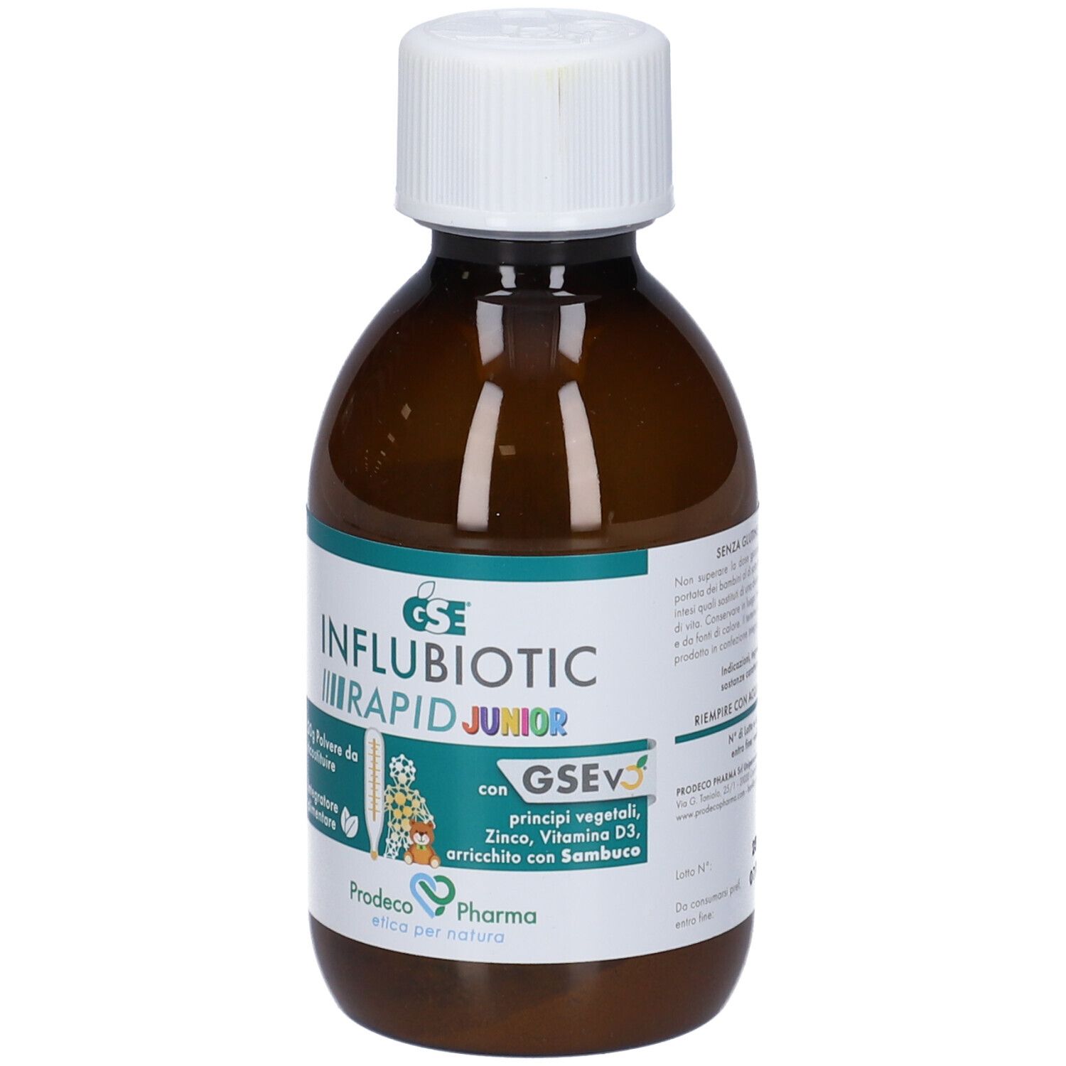 Flacone marrone con tappo bianco. Etichetta con nome del prodotto e ingredienti. Marca: GSE Influbiotic Rapid Junior.