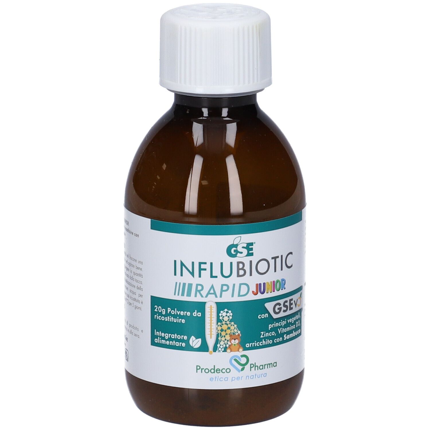 Flacone marrone con tappo bianco. Etichetta con nome del prodotto e ingredienti. Marca: GSE Influbiotic Rapid Junior.