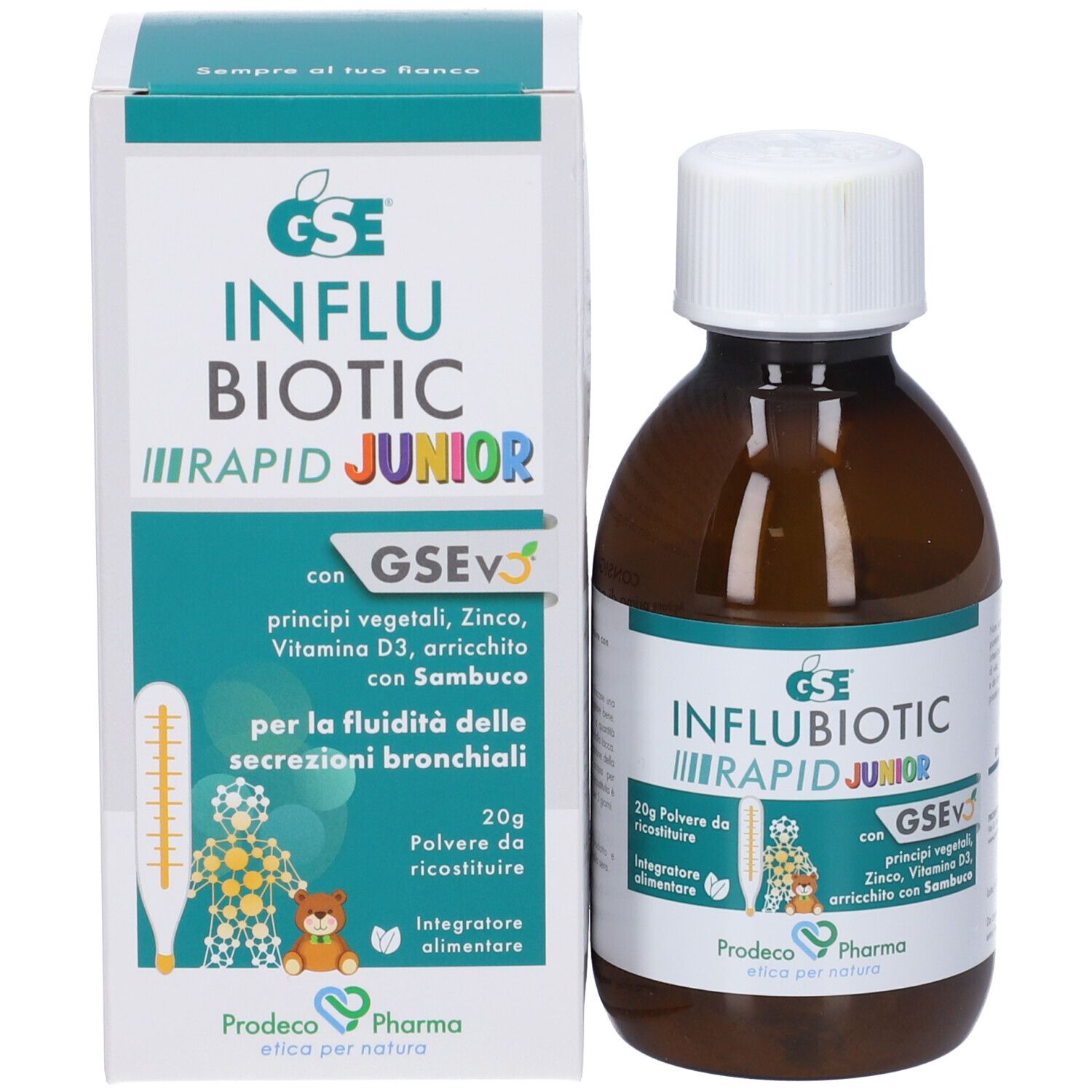 Confezione e flacone del prodotto. Confezione con nome e logo del prodotto. Prodotto: GSE Influbiotic Rapid Junior.