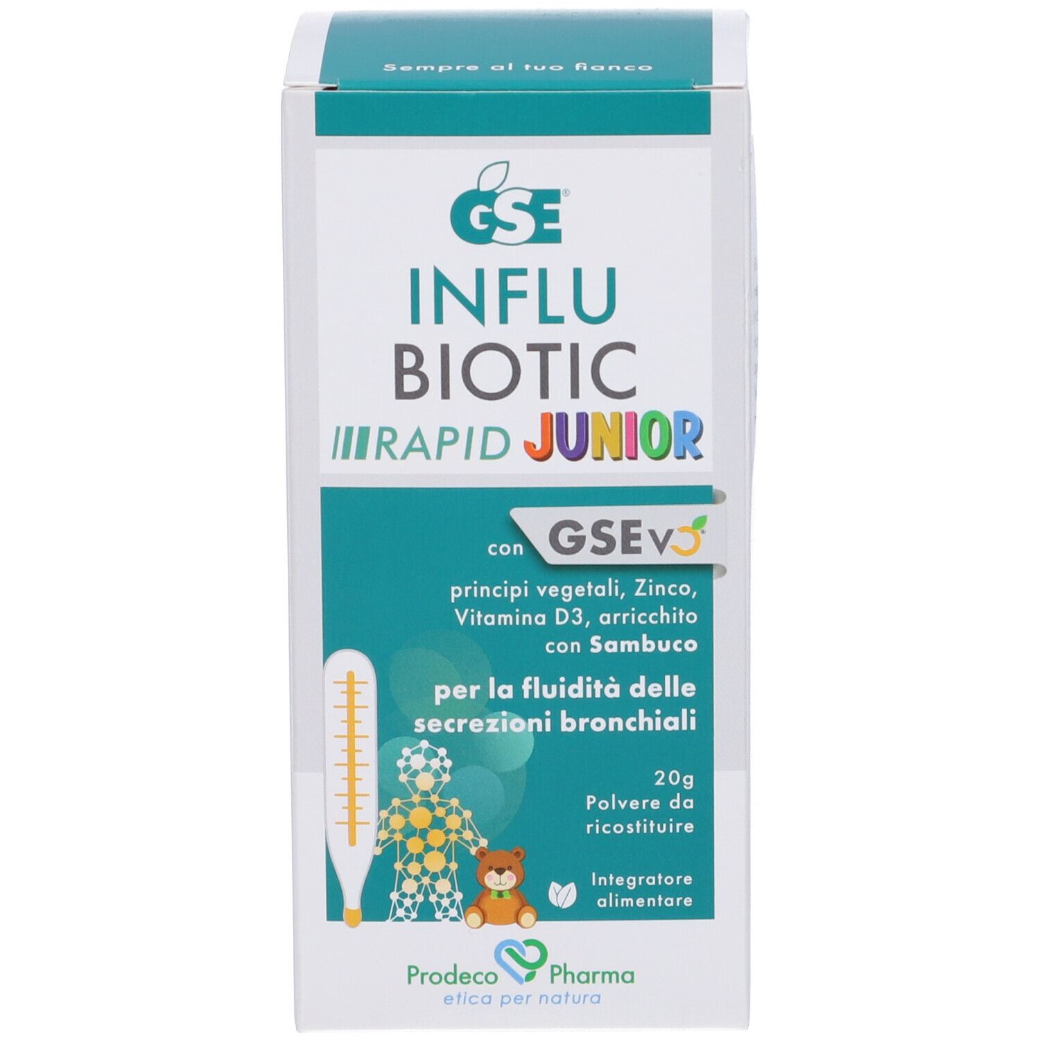 Confezione del prodotto. Confezione con nome e logo del prodotto. Prodotto: GSE Influbiotic Rapid Junior.