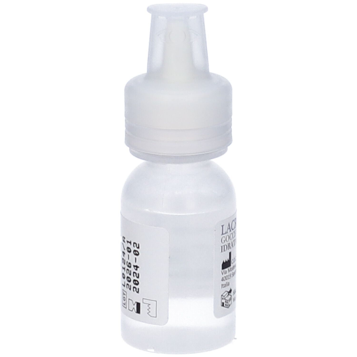 Flacone di gocce oculari con tappo bianco. Stampa con data di scadenza e numero di lotto. Liquido trasparente visibile.