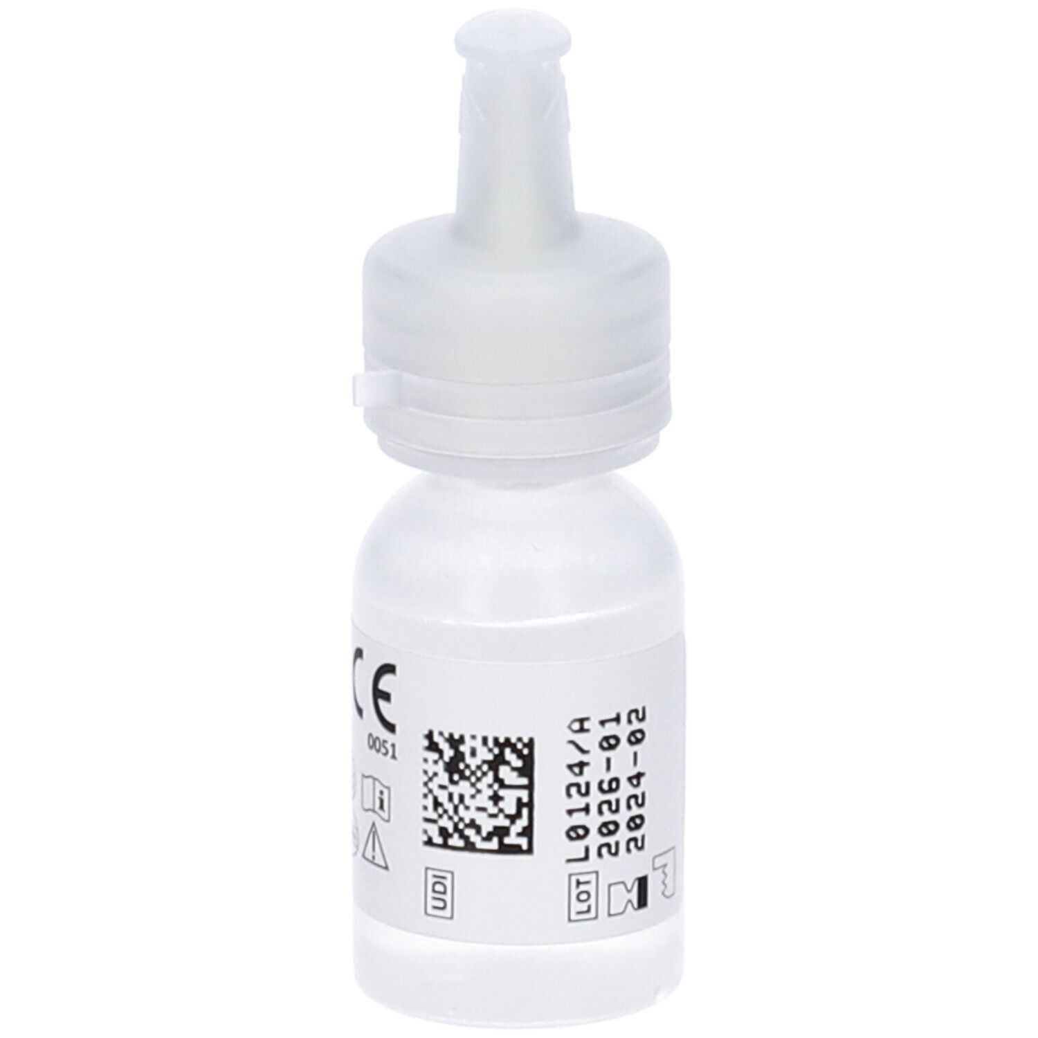 Flacone di gocce oculari con tappo bianco. Marchio CE e codice QR. Stampa con data di scadenza e numero di lotto.