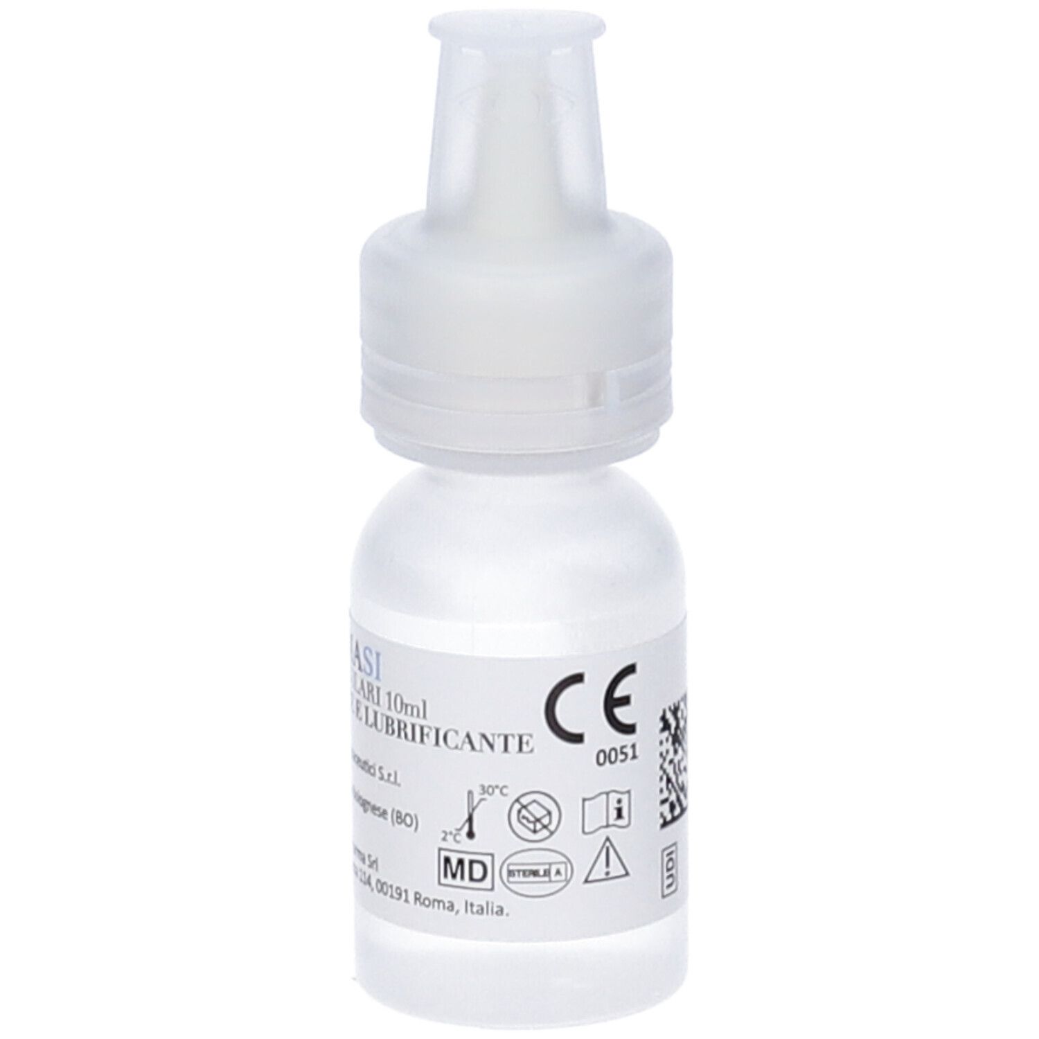 Flacone di gocce oculari con tappo bianco. Marchio CE. Scritta: LACRIMASI Gocce Oculari. Indicazione sterile.