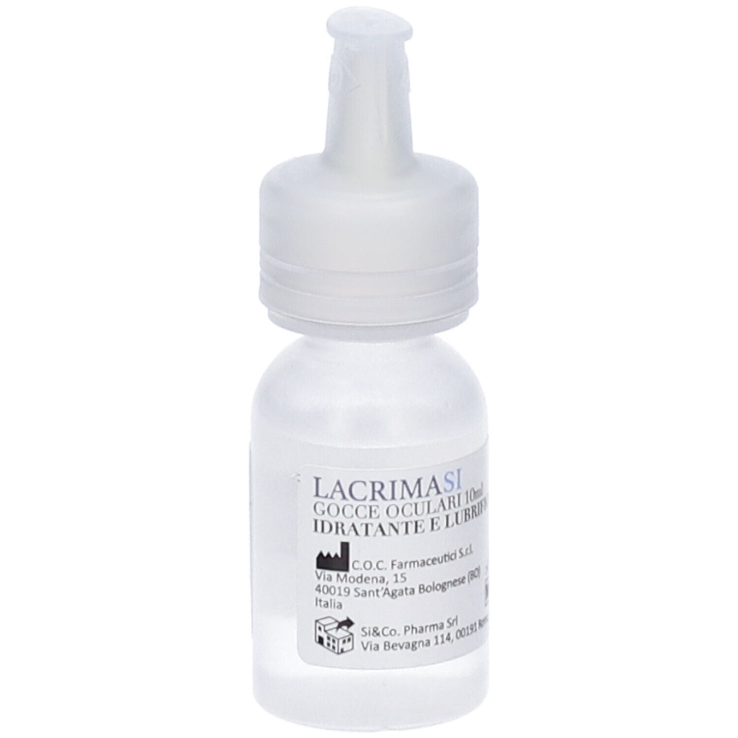 Flacone di gocce oculari con tappo bianco. Scritta: LACRIMASI Gocce Oculari. Informazioni produttore e indirizzo.