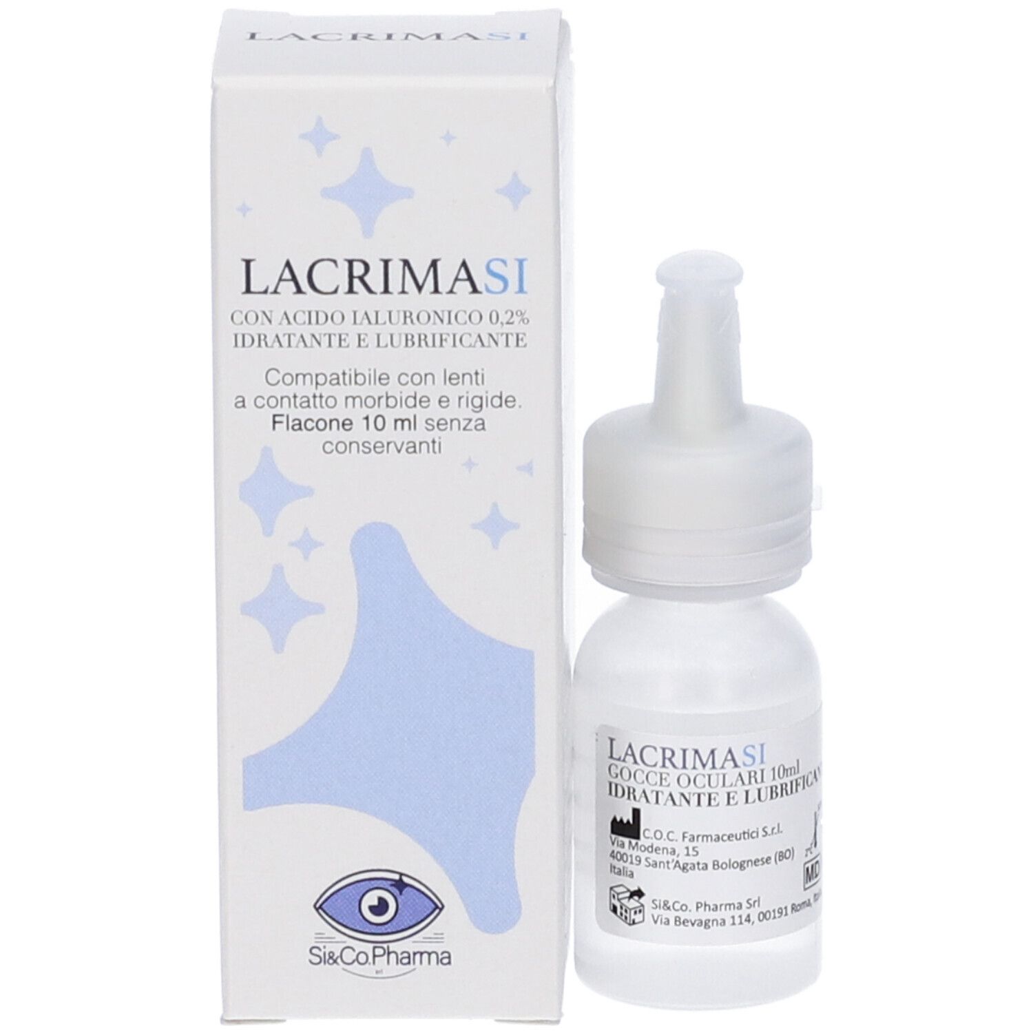 Confezione del prodotto e flacone di gocce oculari. Confezione con nome del prodotto e informazioni sul contenuto. Flacone con tappo bianco.