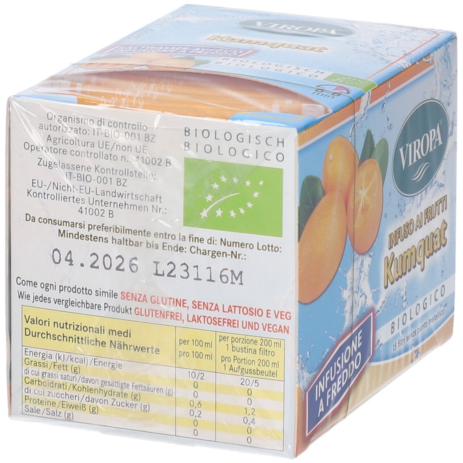 Confezione di infuso al kumquat. Logo Viropa. Scritta: biologico. Tabella nutrizionale. Scadenza: 04.2026. Testo: Senza glutine, senza lattosio, vegano.