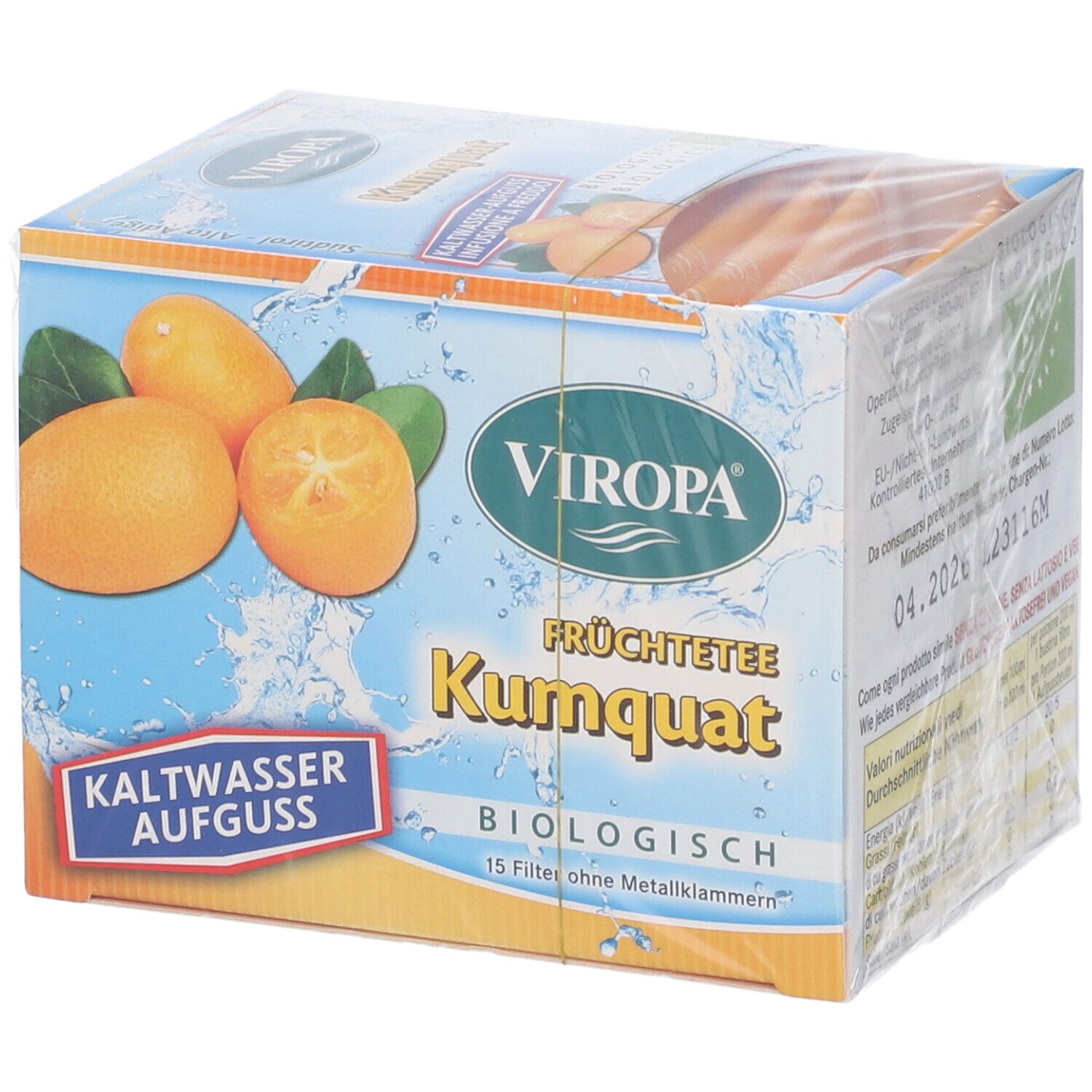 Confezione di tè alla frutta al kumquat. Logo Viropa. Scritta: Früchtetee Kumquat, biologico. 15 filtri senza punto metallico. Immagine di kumquat.