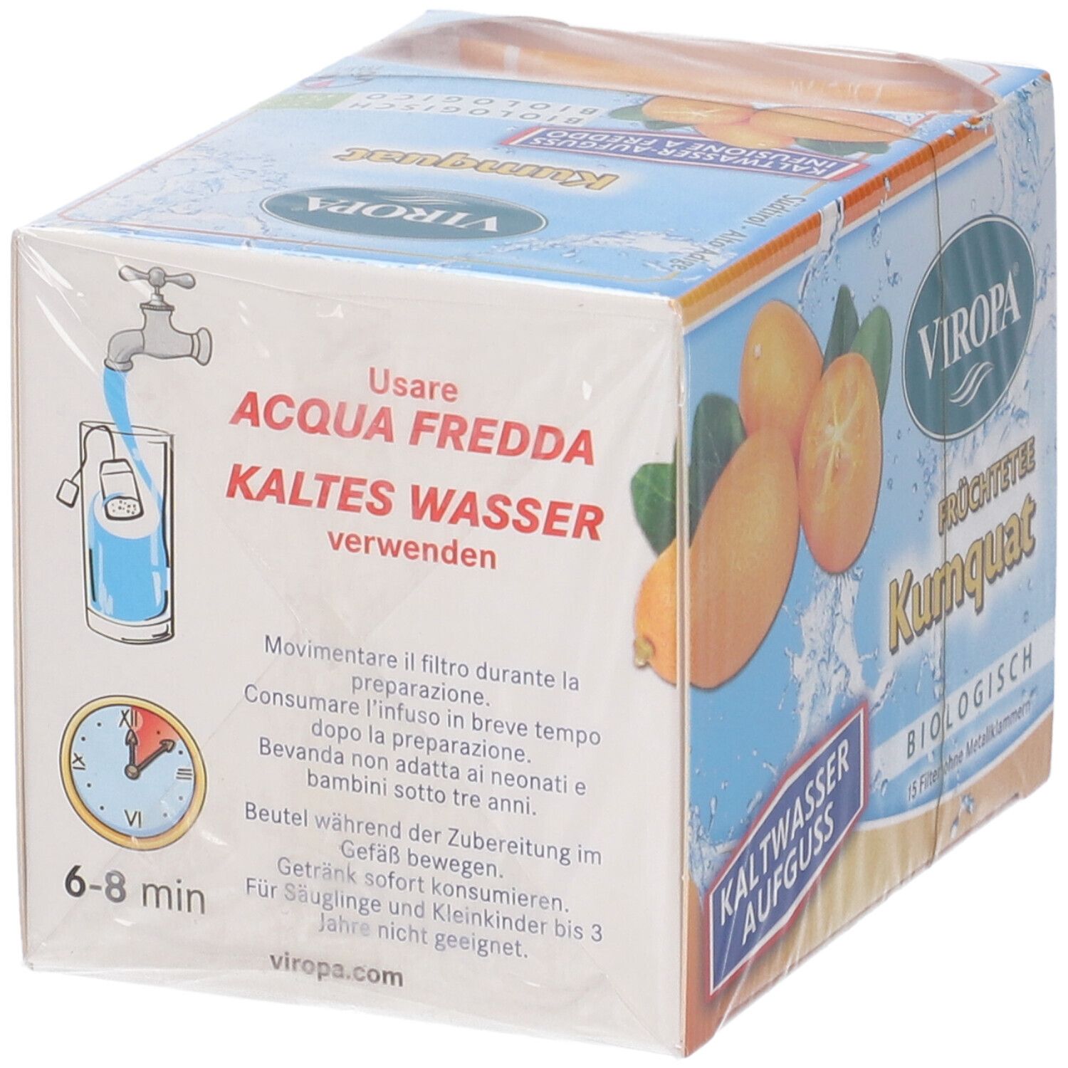 Confezione di tè alla frutta al kumquat. Logo Viropa. Scritta: Früchtetee Kumquat, biologico. Istruzioni: usare acqua fredda. Immagine di kumquat.