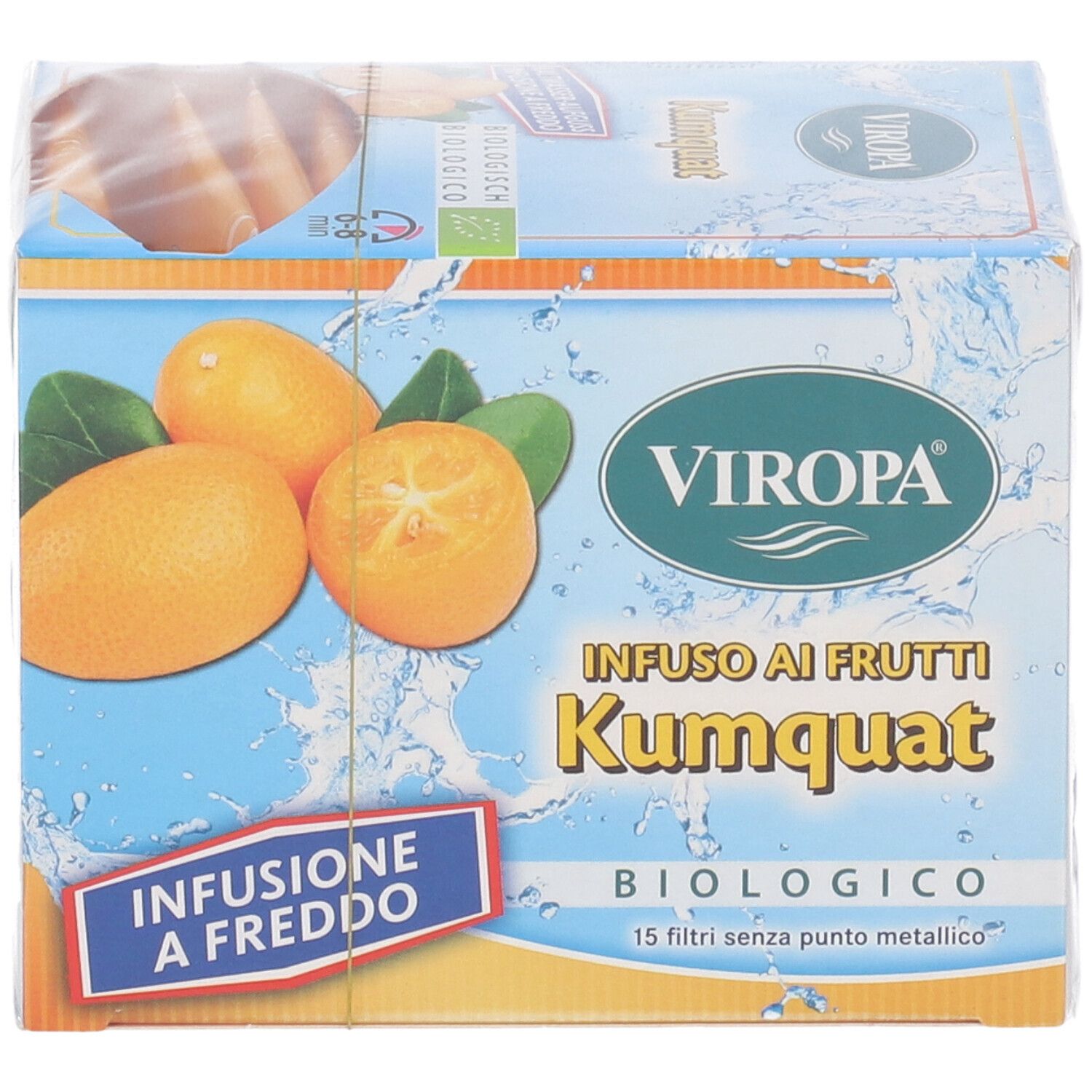 Confezione di infuso al kumquat. Logo Viropa. Scritta: Infuso ai Frutti Kumquat, biologico. 15 filtri senza punto metallico. Immagine di kumquat.