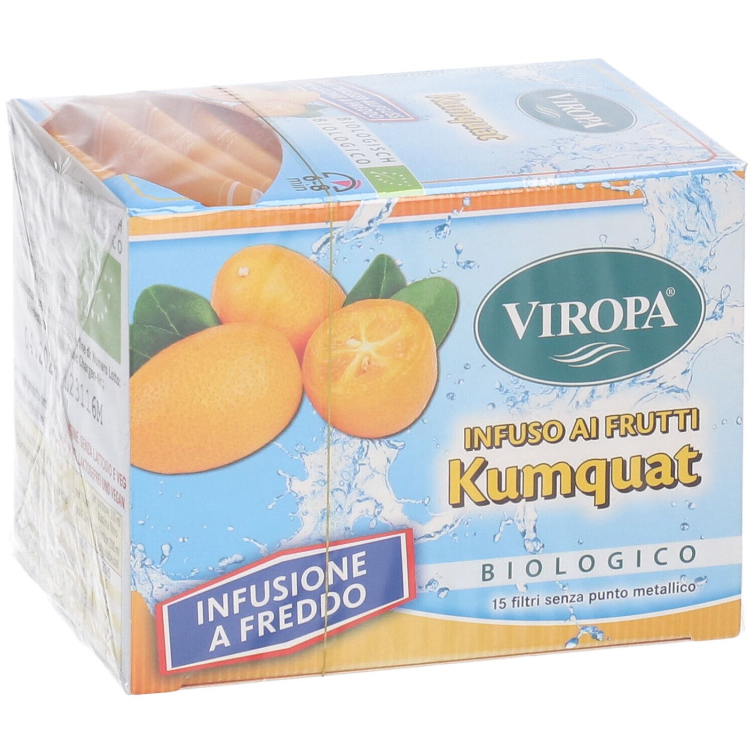 Confezione di infuso al kumquat. Logo Viropa. Scritta: Infuso ai Frutti Kumquat, biologico. 15 filtri senza punto metallico. Immagine di kumquat.