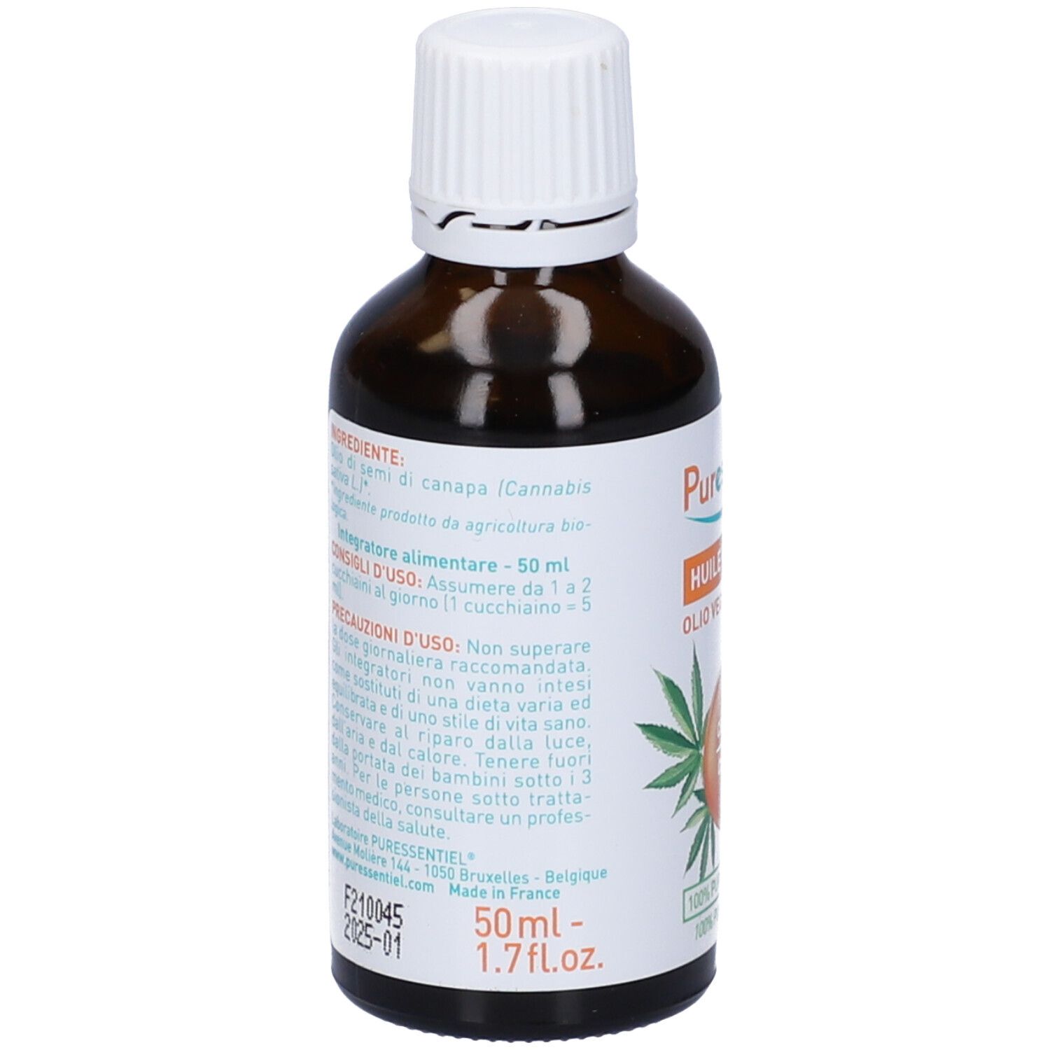 Flacone vetro marrone con tappo bianco. Etichetta con ingredienti, istruzioni per l'uso e '50ml - 1.7 fl.oz'.