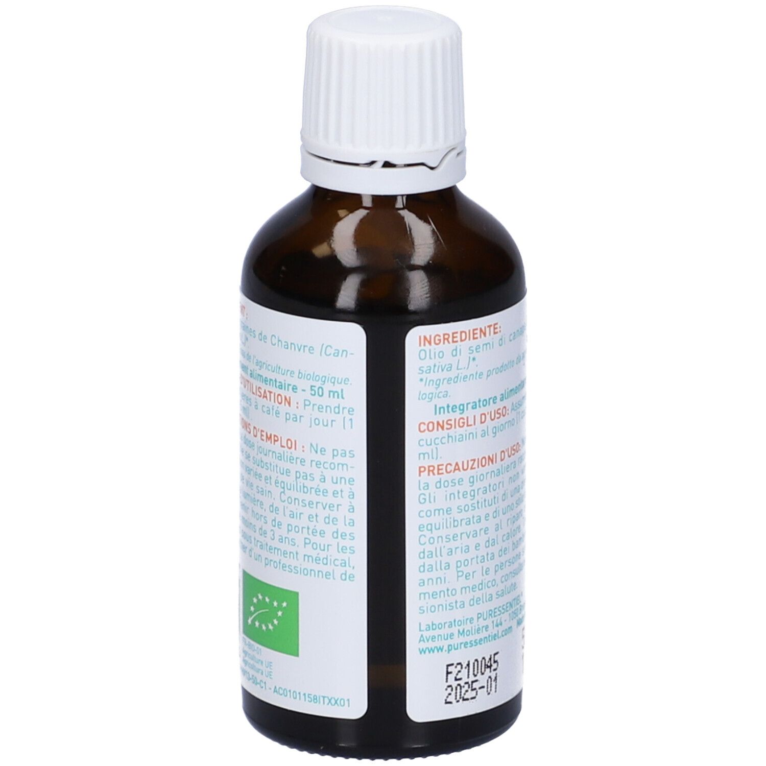 Flacone vetro marrone con tappo bianco. Retro con ingredienti, istruzioni per l'uso e logo bio.