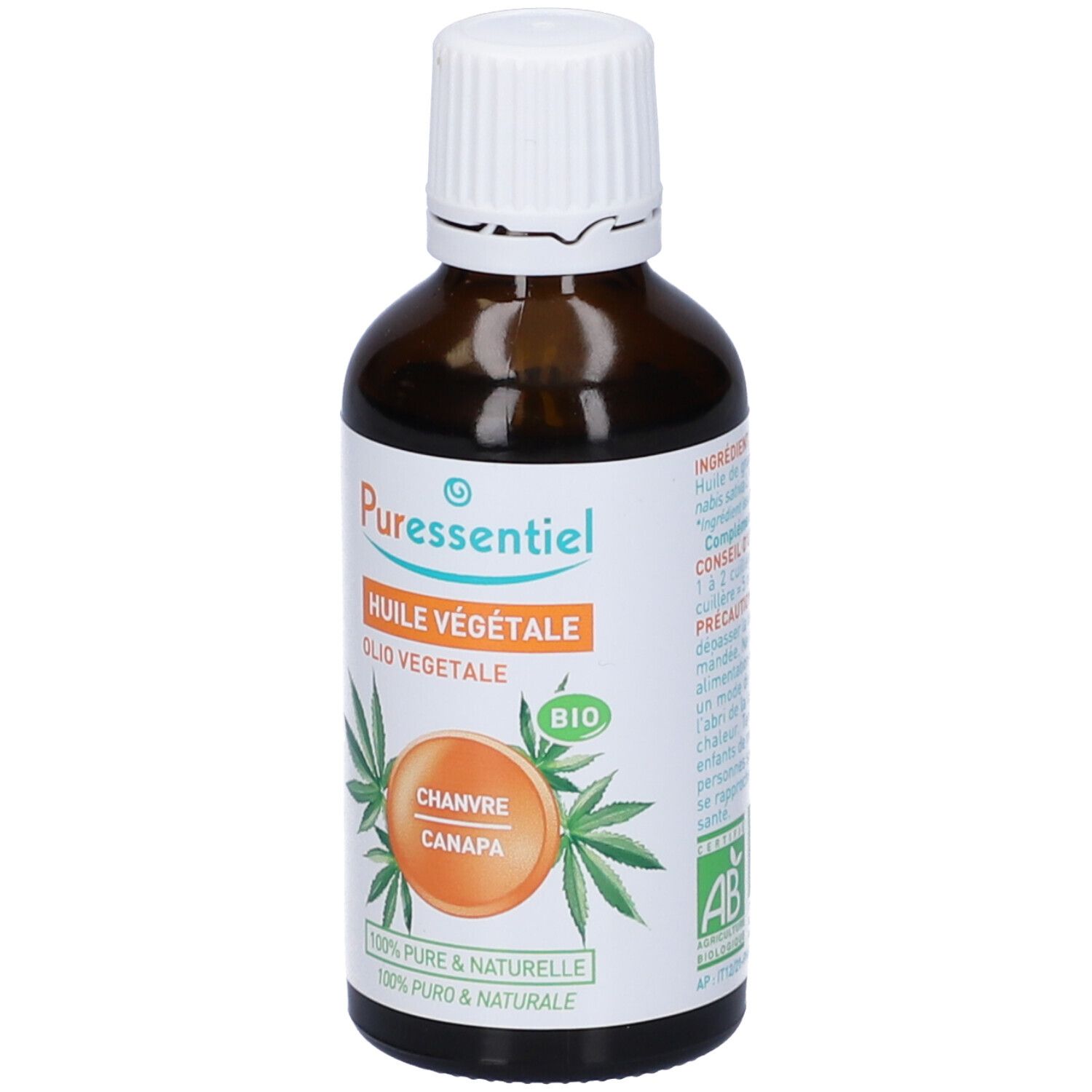 Flacone vetro marrone con tappo bianco. Etichetta con 'Puressentiel', 'Huile Végétale', 'Chanvre Canapa', logo bio e AB.