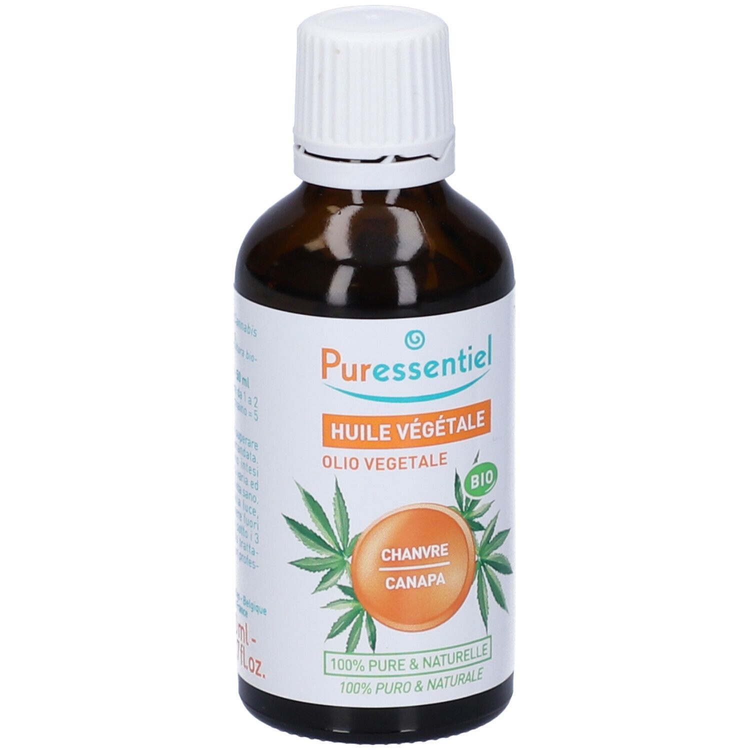 Flacone vetro marrone con tappo bianco. Etichetta con 'Puressentiel', 'Huile Végétale', 'Chanvre Canapa' e logo bio.