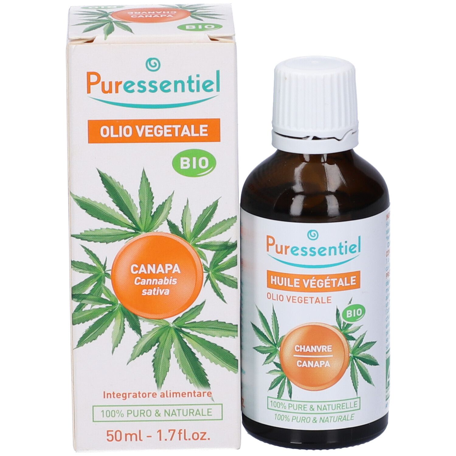 Flacone e confezione. Flacone con 'Puressentiel', 'Huile Végétale', 'Chanvre Canapa'. Confezione con logo e testo.