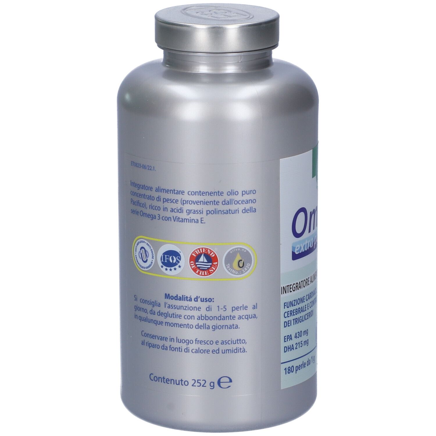 Retro del flacone argento Omega 3. Contiene informazioni su ingredienti, uso e certificazioni.