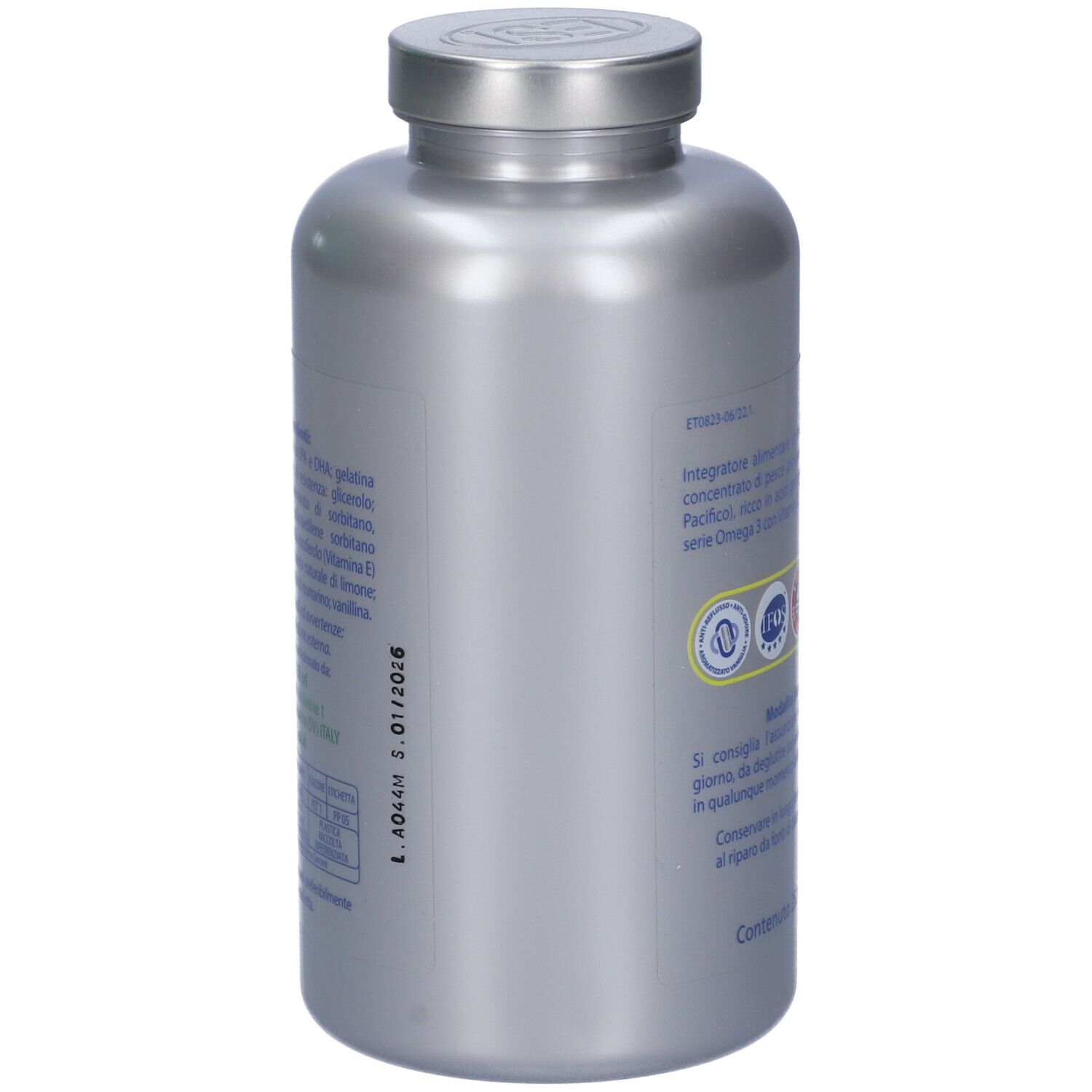 Vista laterale del flacone argento Omega 3. Mostra informazioni e certificazioni in italiano.
