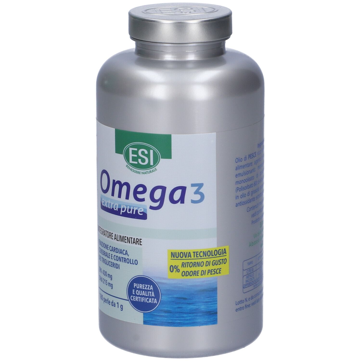 Flacone argento con etichetta Omega 3. Contiene 180 perle. Certificazioni e testi in italiano.