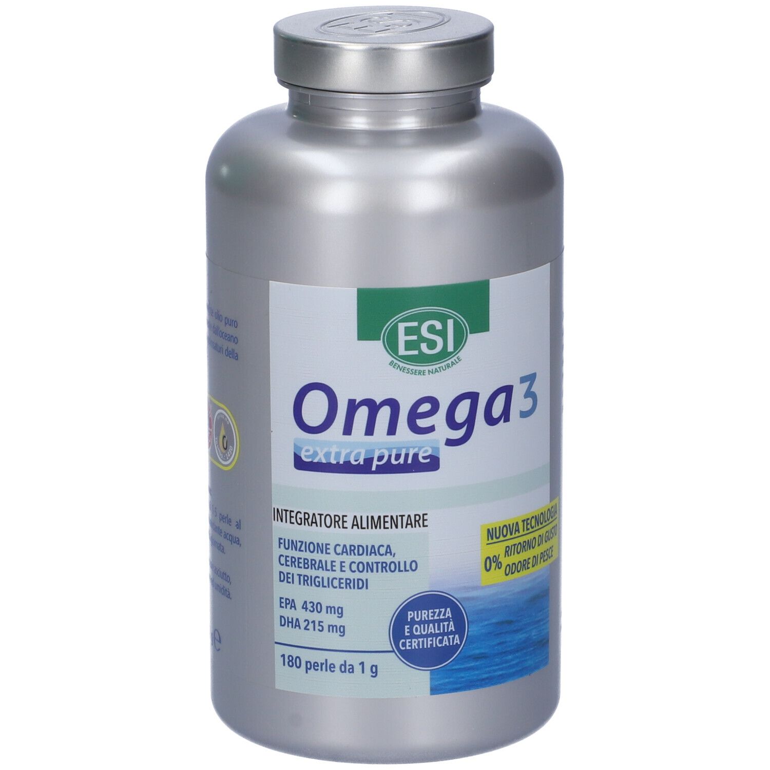 Flacone argento con etichetta Omega 3. Contiene 180 perle. Certificazioni e testi in italiano.