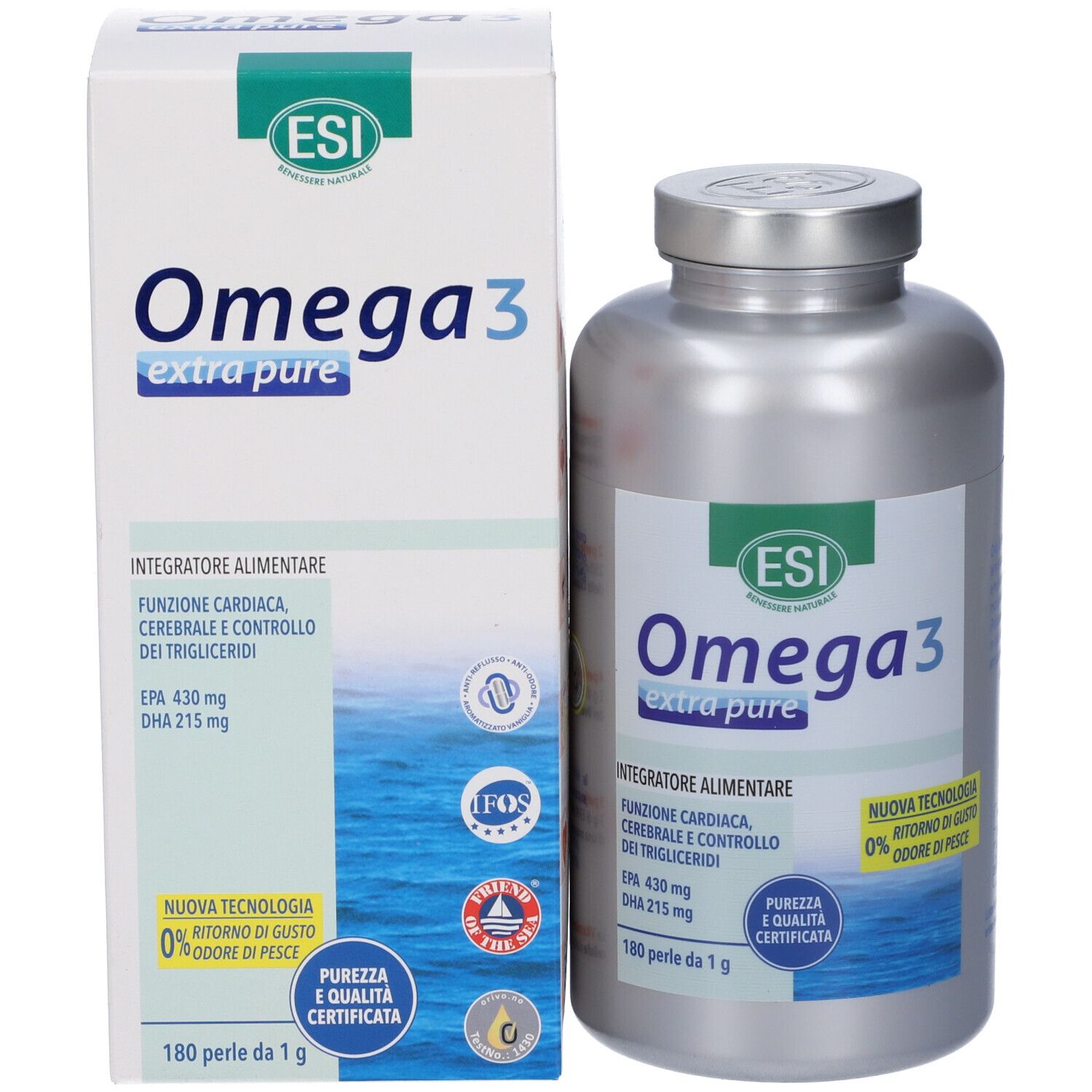 Prodotto Omega 3 con flacone e confezione. Contiene 180 perle. Certificazioni e testi in italiano.