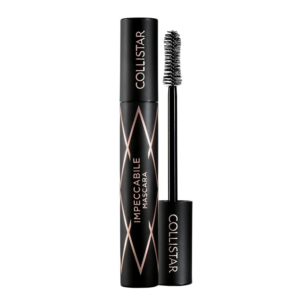 Mascara nero Collistar con spazzola. Forma cilindrica, motivo geometrico e nome del prodotto.
