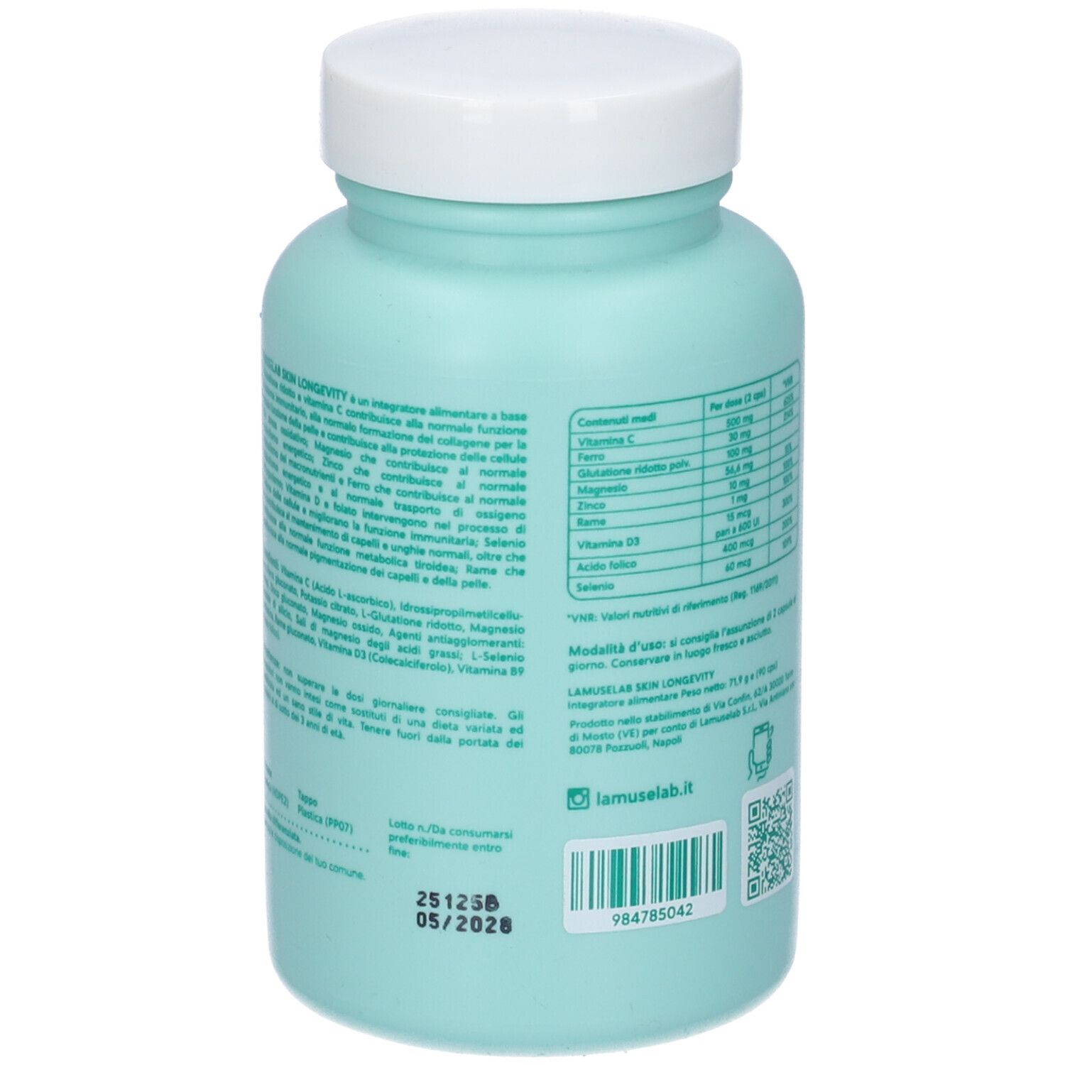 Retro del flacone azzurro chiaro. Contiene informazioni sugli ingredienti e l'uso. Marchio: LAMUSELAB.