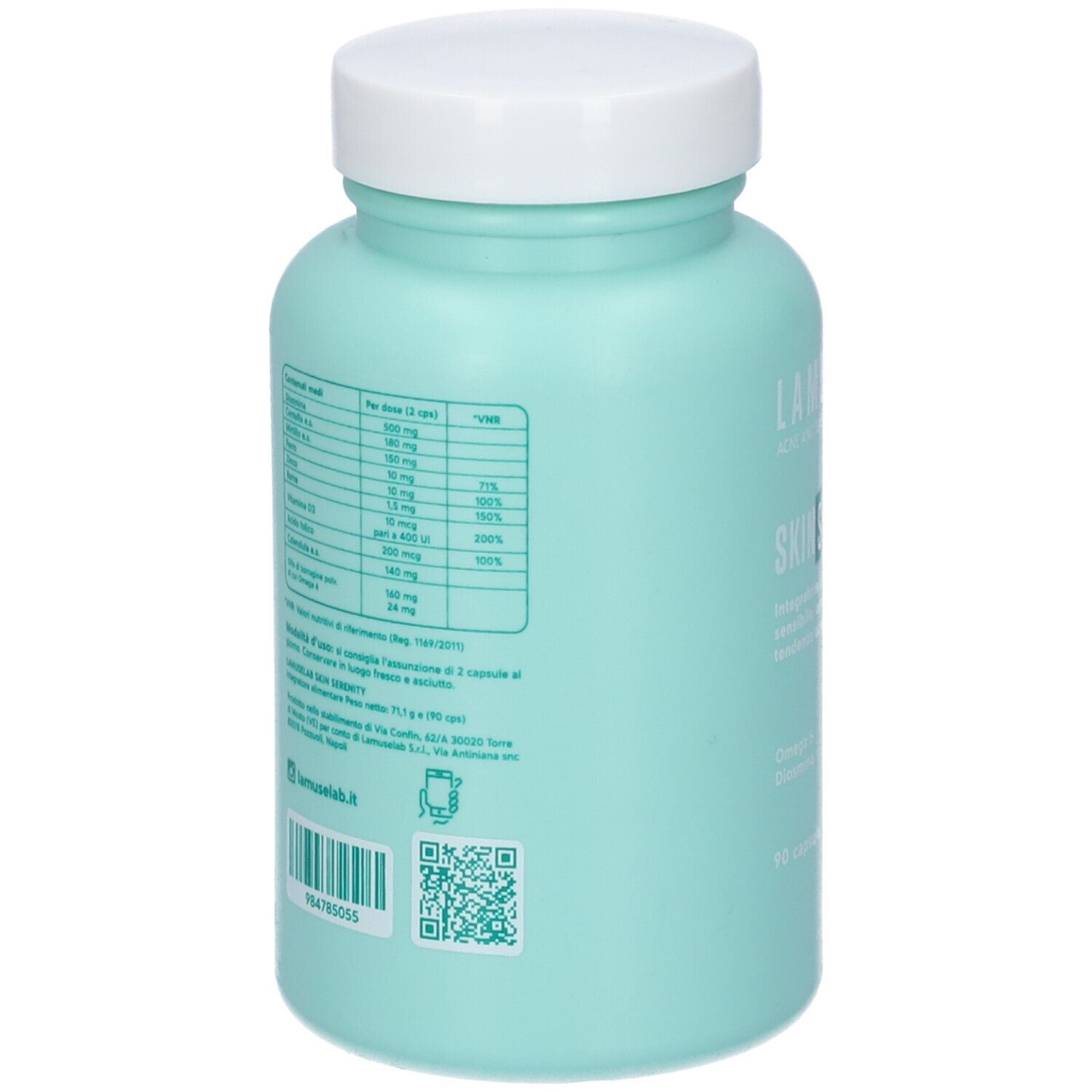 Retro del flacone azzurro con tappo bianco. Contiene informazioni nutrizionali e codice QR.