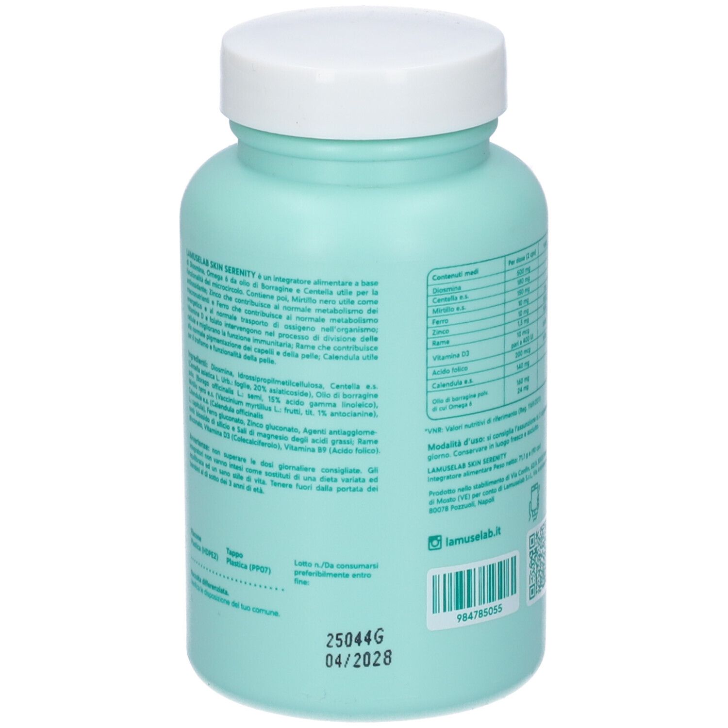 Retro del flacone azzurro con tappo bianco. Testo con ingredienti e data di scadenza.