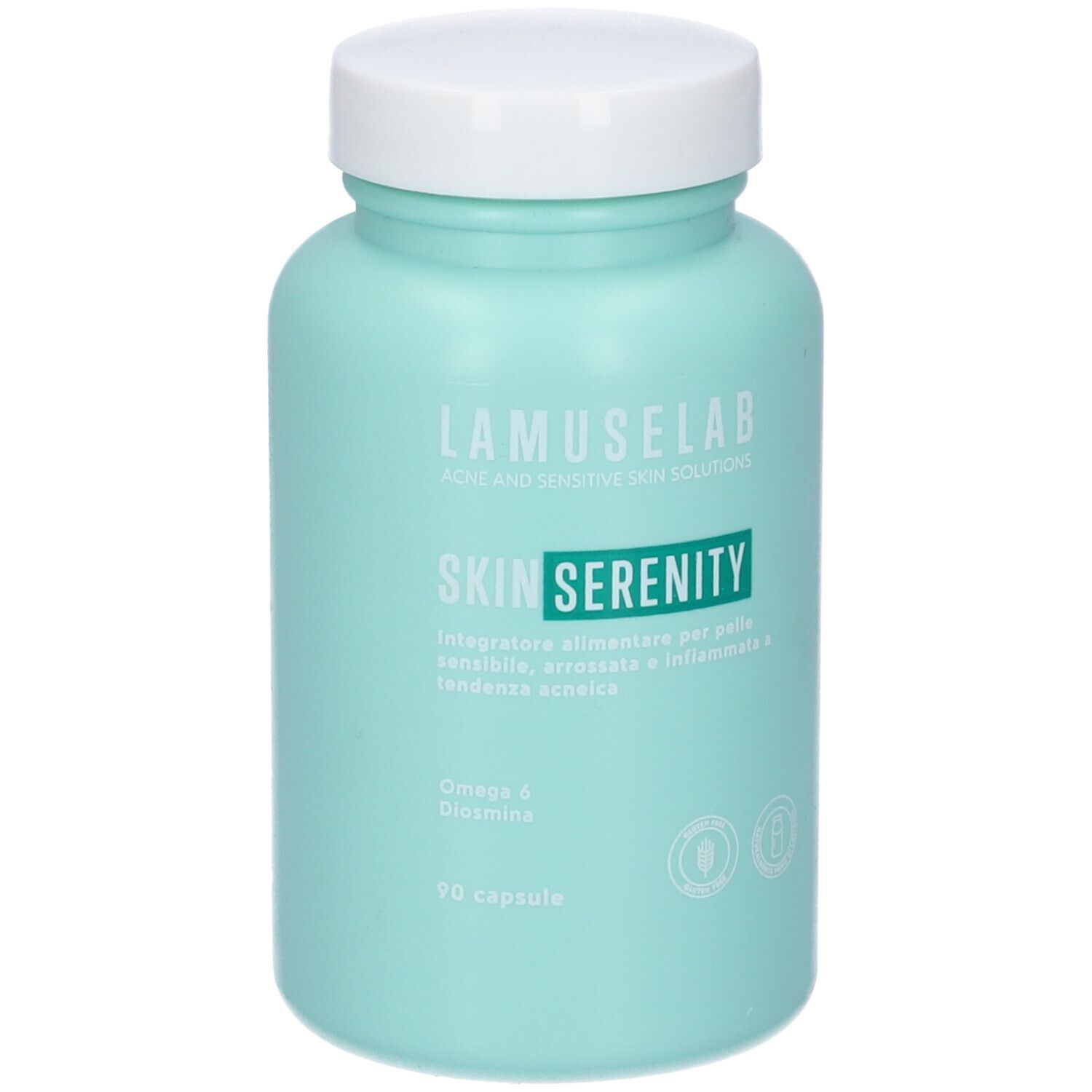 Flacone azzurro con tappo bianco. Scritta: LAMUSELAB SKIN SERENITY. 90 capsule. Omega 6 & Diosmina.