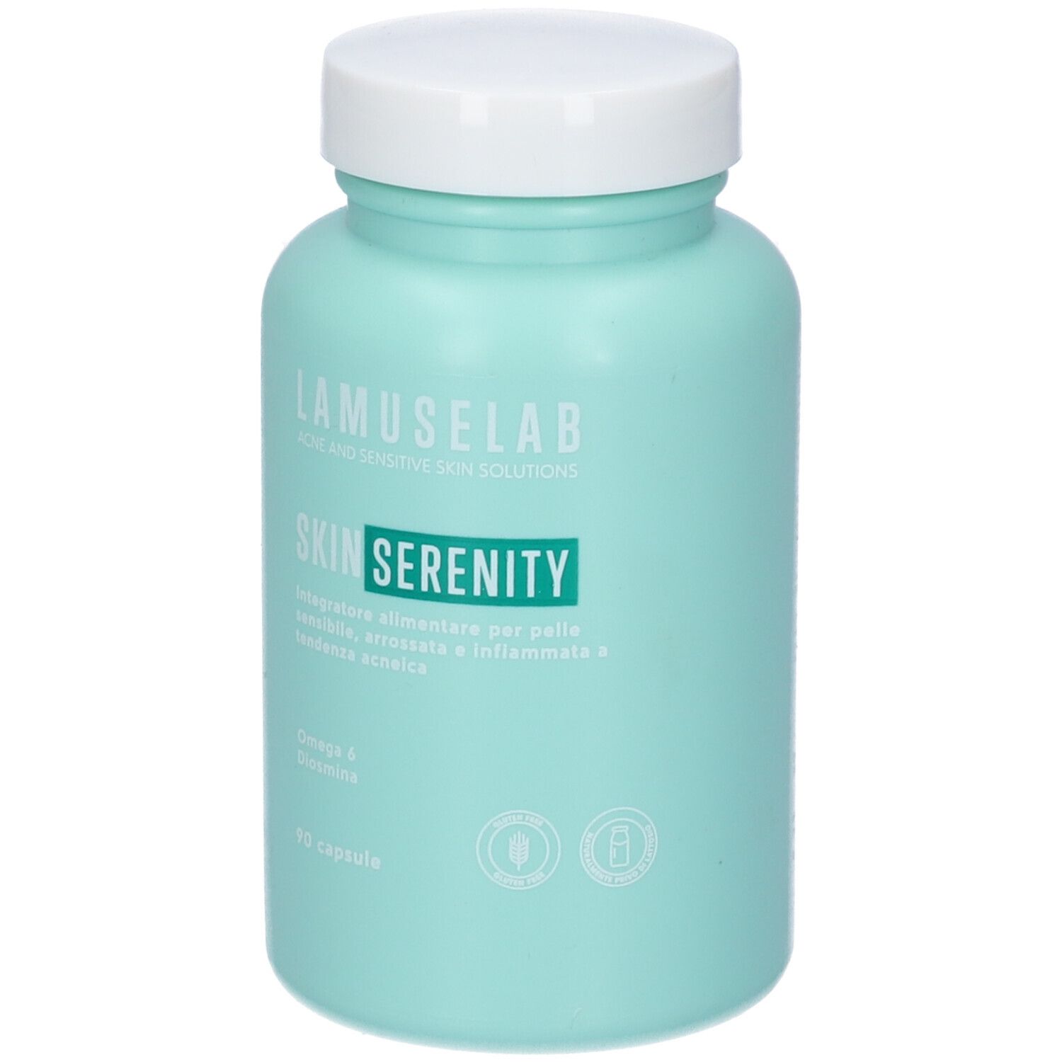 Flacone azzurro con tappo bianco. Scritta: LAMUSELAB SKIN SERENITY. 90 capsule. Omega 6 & Diosmina.