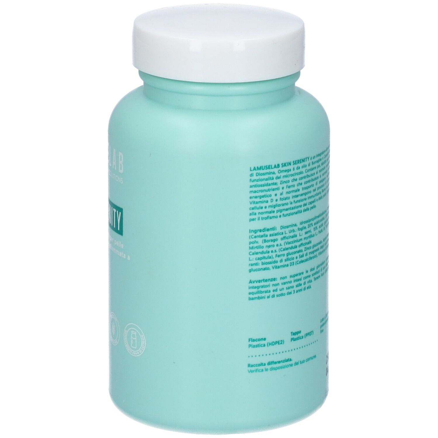 Retro del flacone azzurro con tappo bianco. Testo con ingredienti e avvertenze.