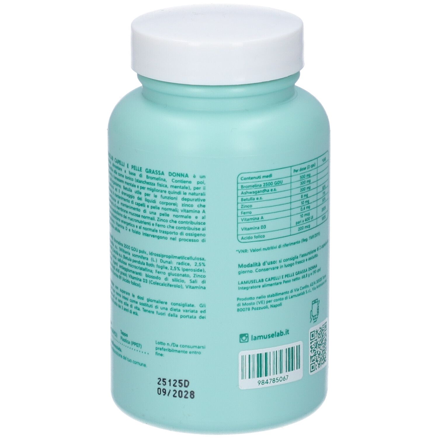 Retro del flacone azzurro. Testo con ingredienti, uso e data di scadenza. QR code.