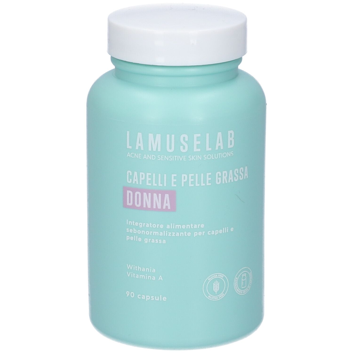 Flacone azzurro con tappo bianco. Scritta: LAMUSELAB, CAPELLI E PELLE GRASSA, DONNA. 90 capsule.