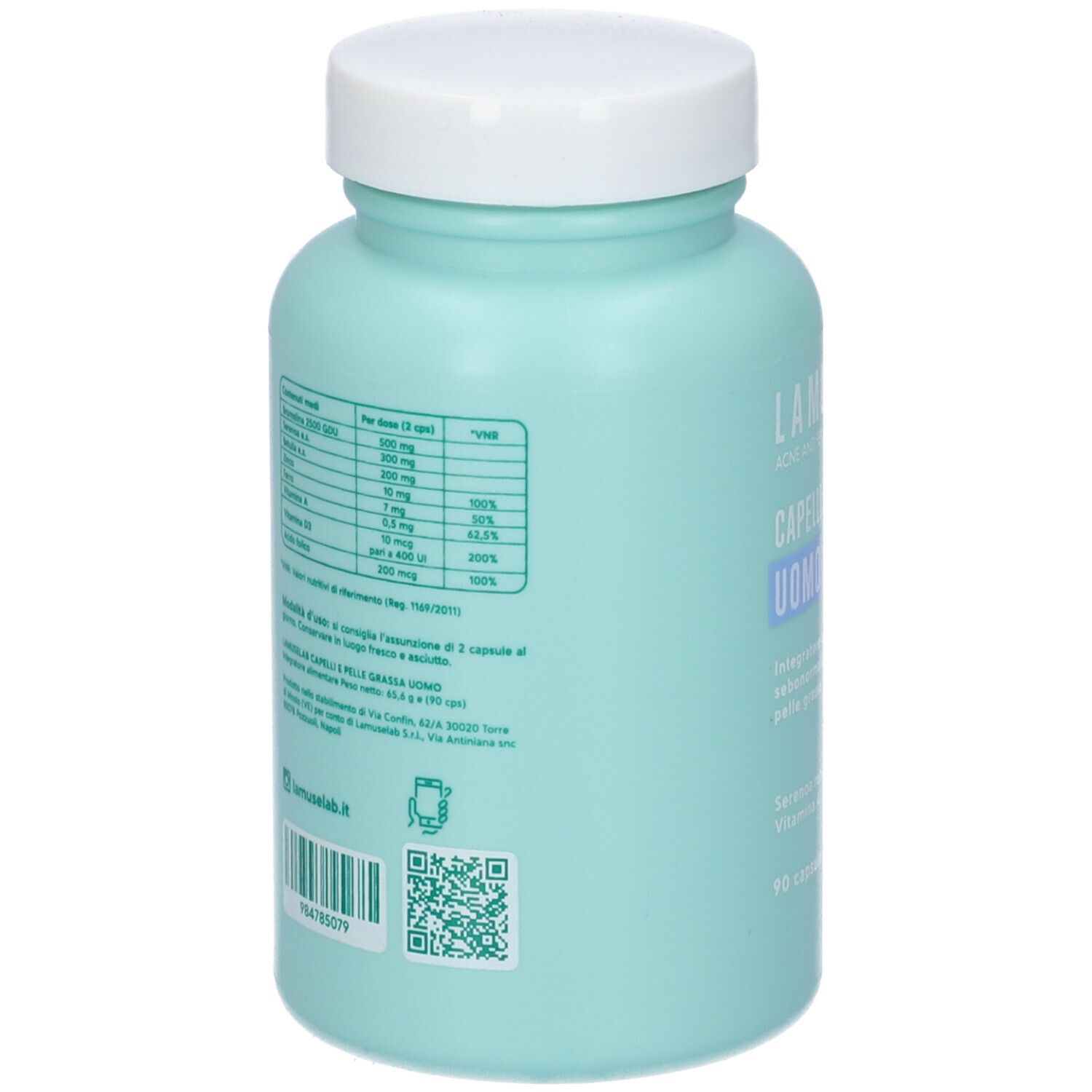 Retro del flacone azzurro. Informazioni sul prodotto. Codice QR e codice a barre.