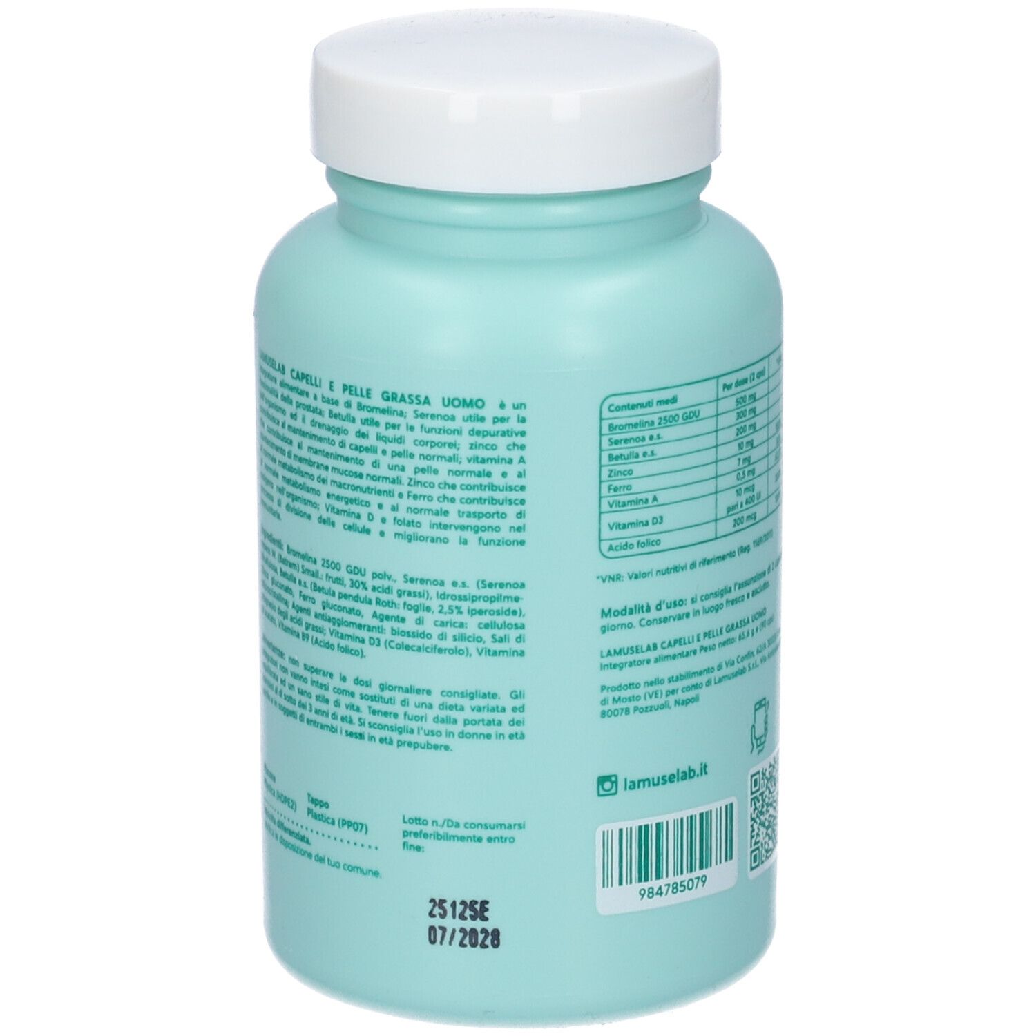 Retro del flacone azzurro. Informazioni testuali e ingredienti. Codice QR.