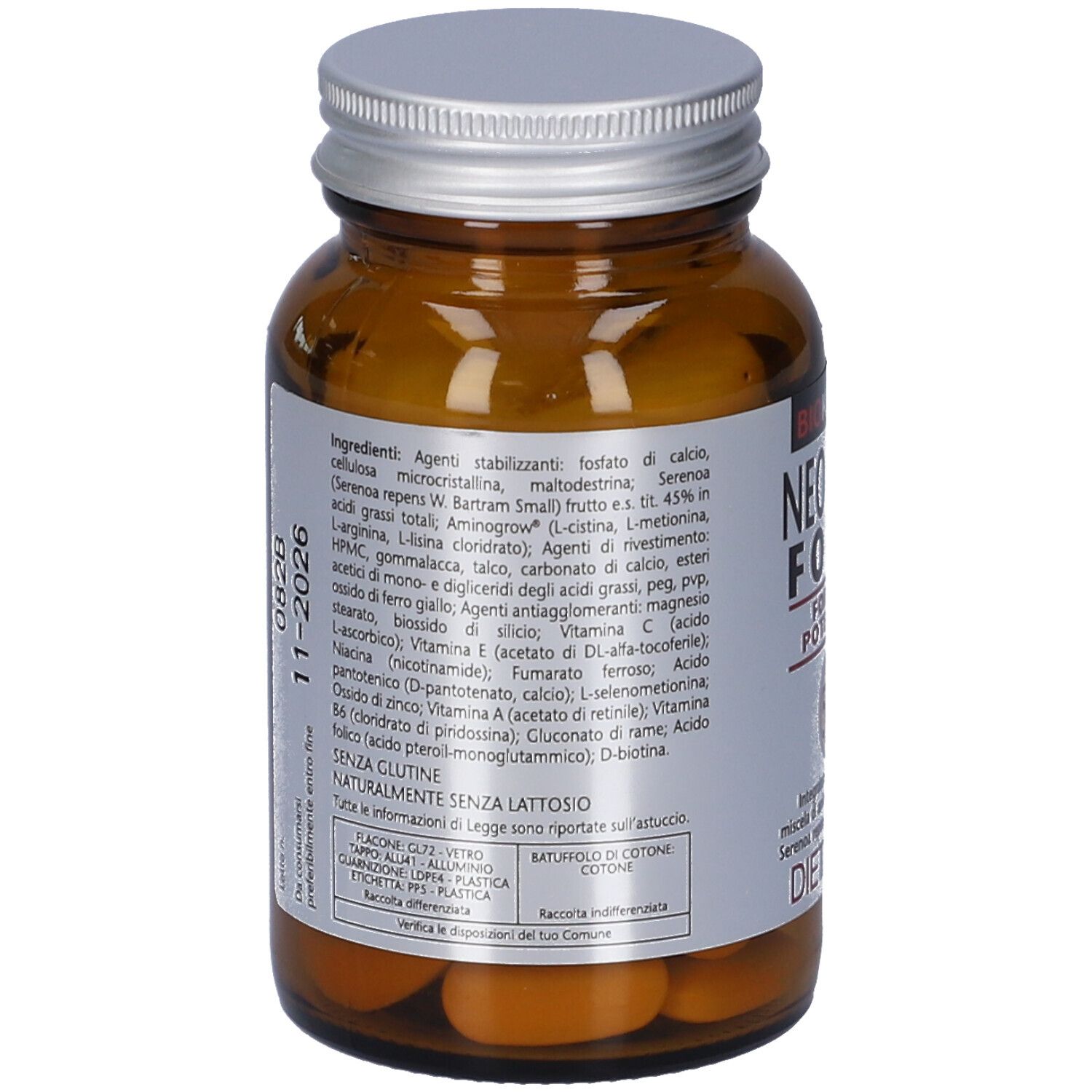 Retro del flacone di vetro marrone. Scritta: BIOKERATIN NEO PECIA FORTE. Elenco ingredienti.