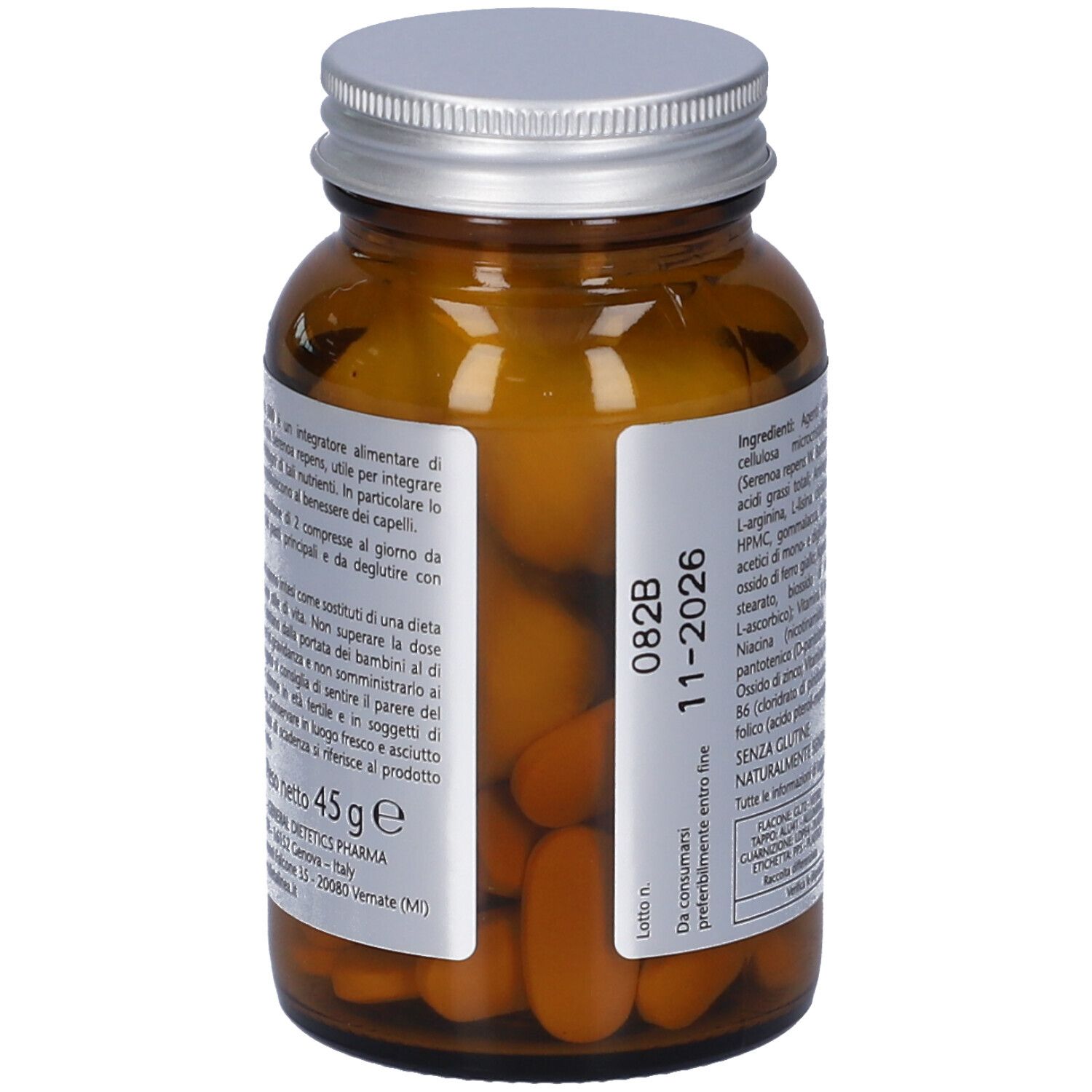 Retro del flacone di vetro marrone. Scritta: BIOKERATIN NEO PECIA FORTE. 45g.