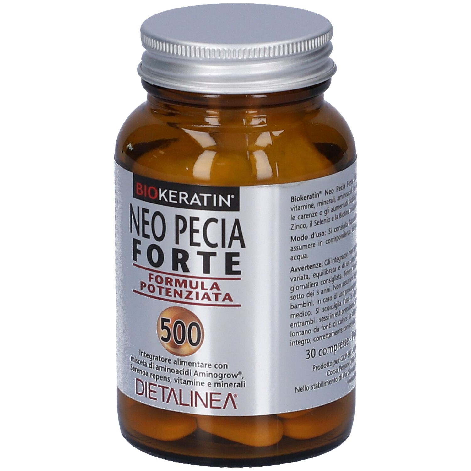 Flacone di vetro marrone con compresse. Scritta: BIOKERATIN NEO PECIA FORTE 500. DIETALINEA.