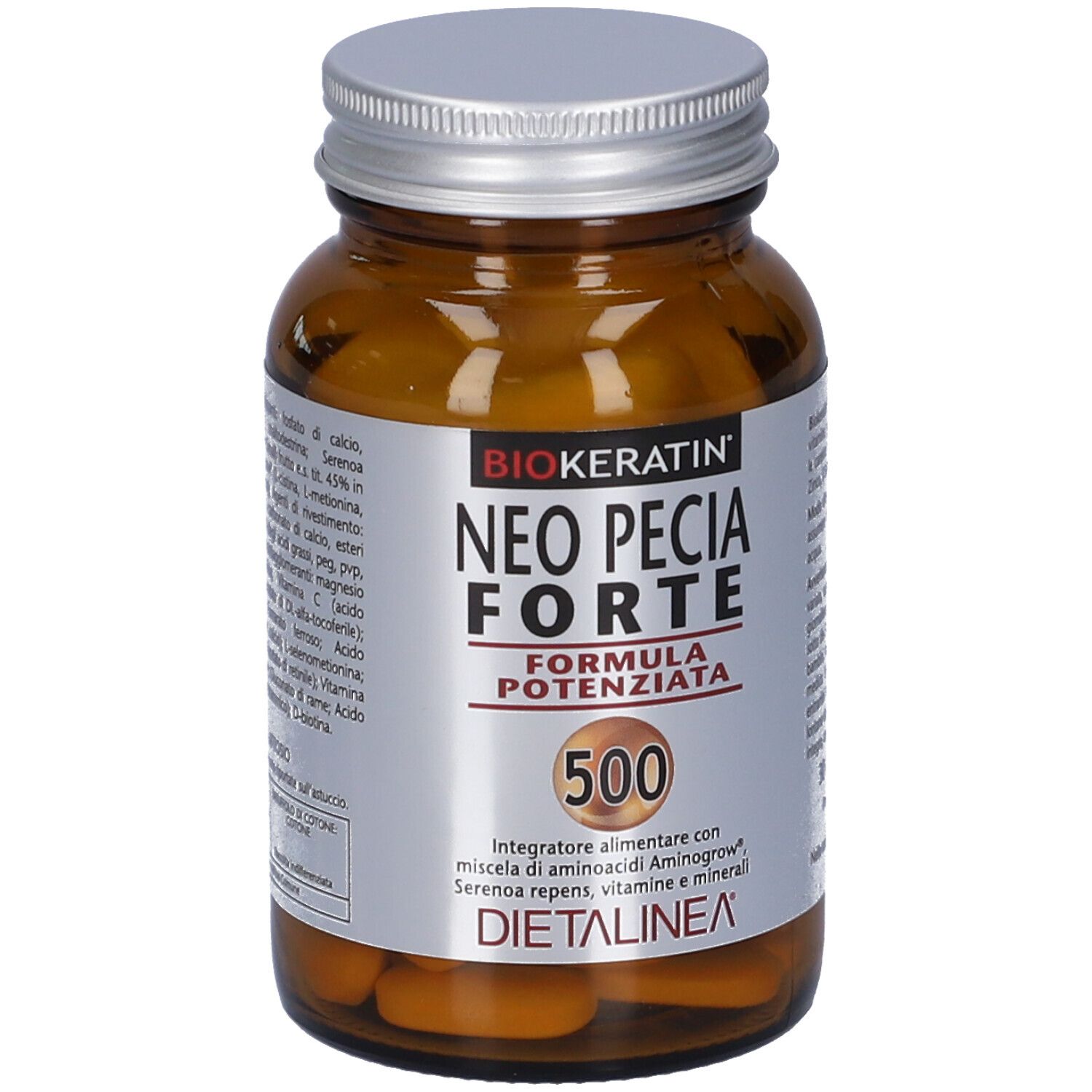 Flacone di vetro marrone con compresse. Scritta: BIOKERATIN NEO PECIA FORTE 500. DIETALINEA.