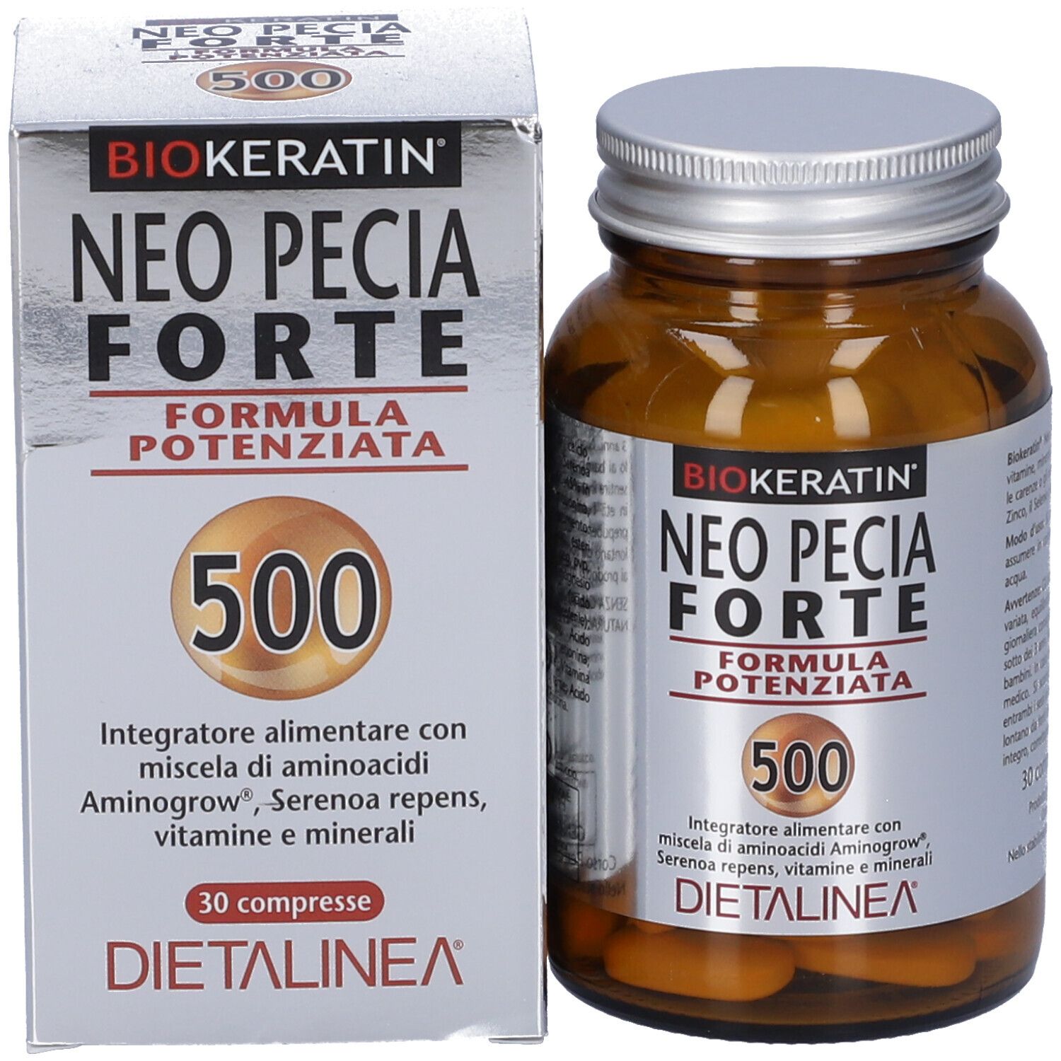 Flacone di vetro marrone e scatola. Scritta: BIOKERATIN NEO PECIA FORTE 500. DIETALINEA.
