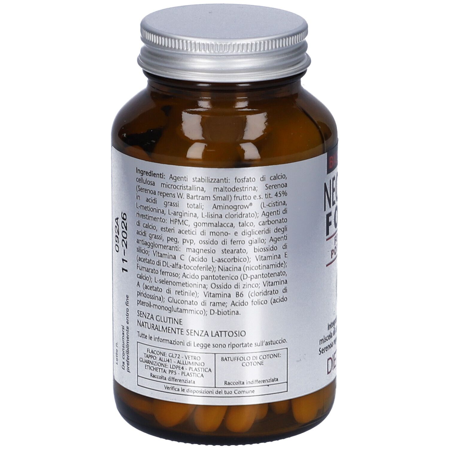 Retro del flacone di vetro marrone. Etichetta con ingredienti e informazioni. Senza lattosio.