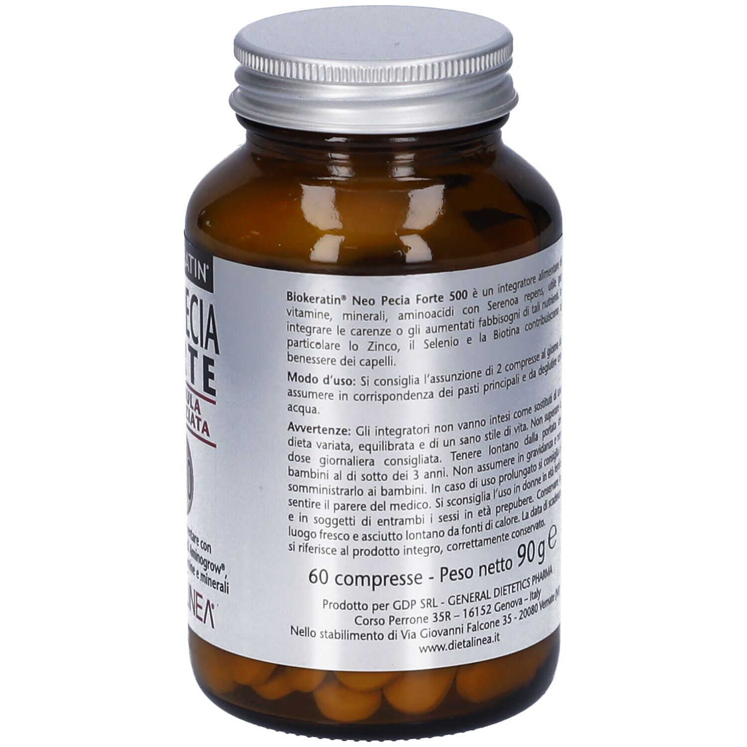 Flacone di vetro marrone, vista posteriore. Etichetta con informazioni prodotto e dosaggio. 60 compresse.