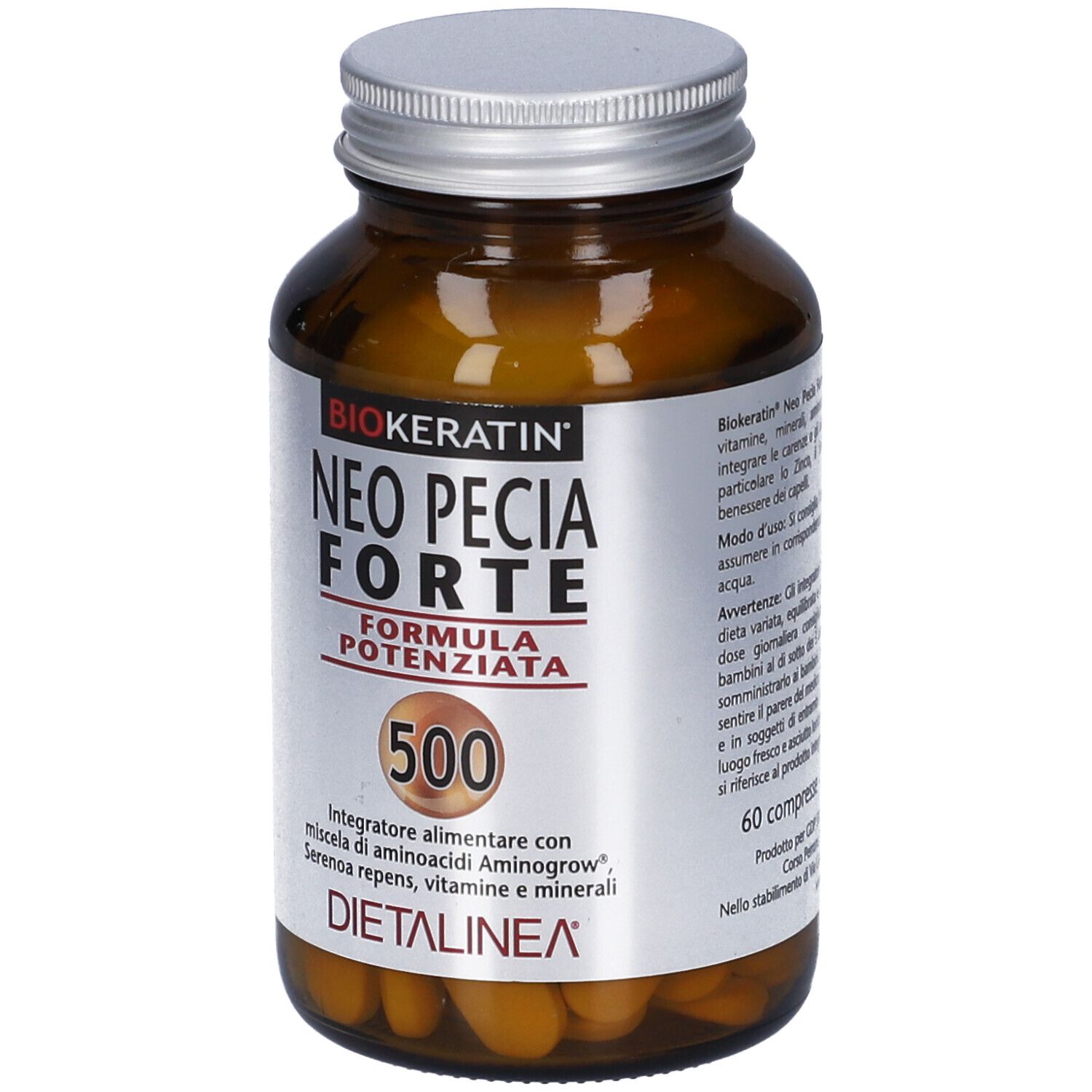 Flacone di vetro marrone con tappo argentato. Etichetta con nome prodotto e 500. Marchio Dietalinea.