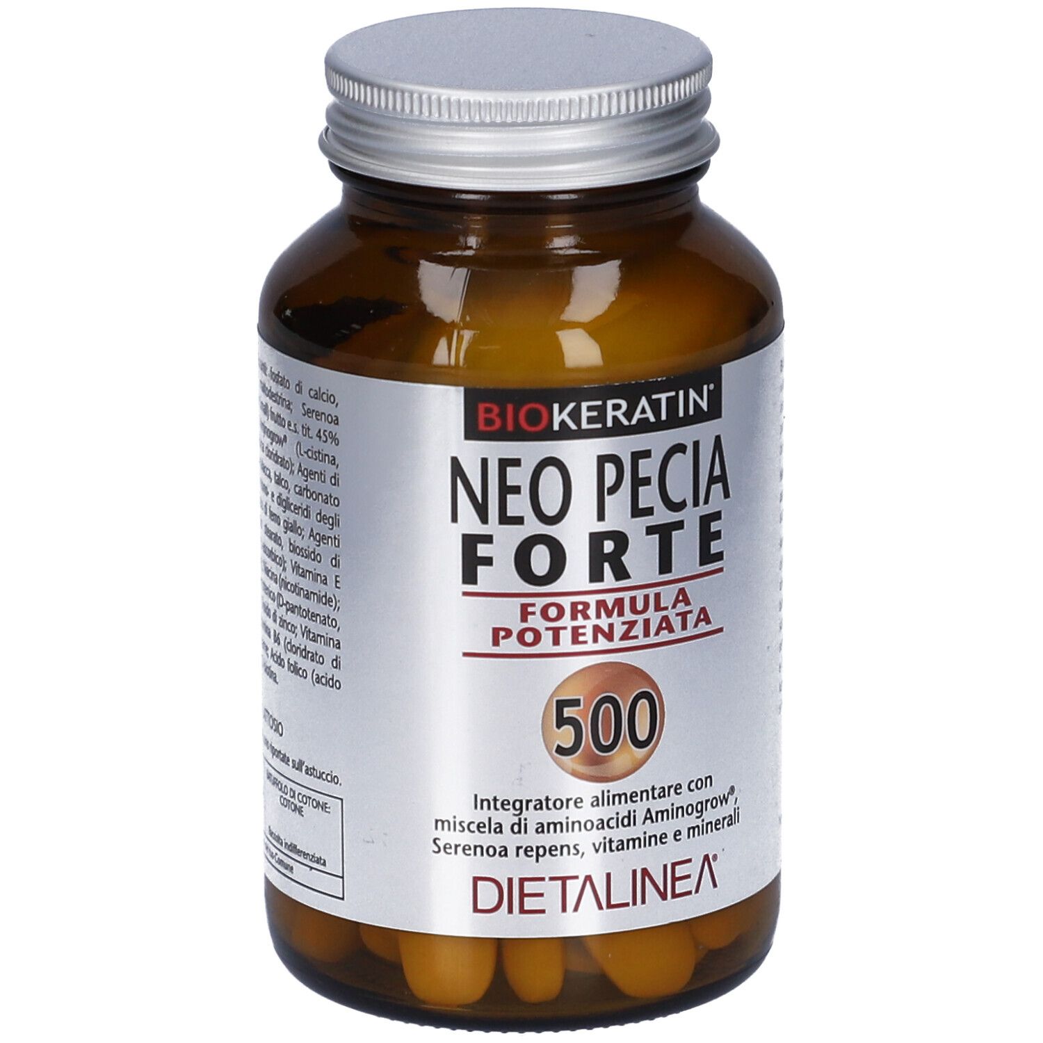 Flacone di vetro marrone con tappo argentato. Etichetta con nome prodotto e 500. Marchio Dietalinea.